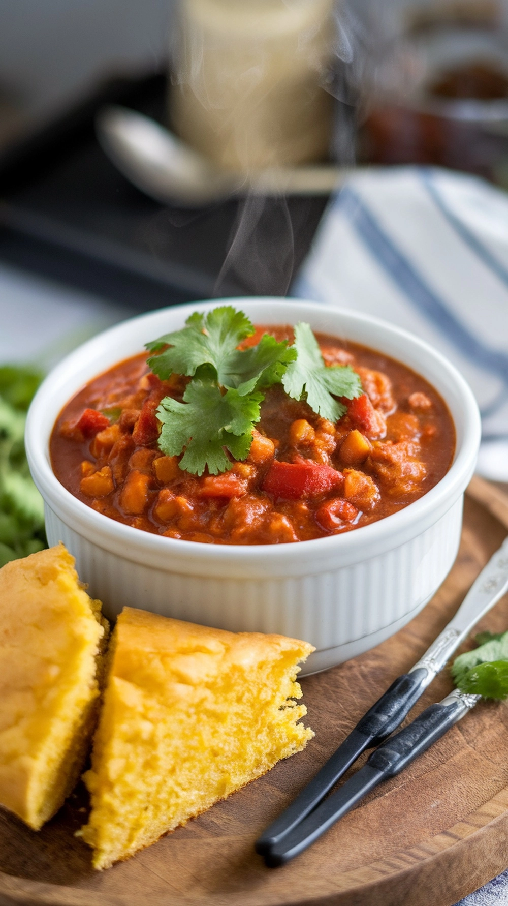 14 Quick Fall Dinner Ideas For Busy Nights 2 A bowl of vegetarian chili topped with cilantro, served with cornbread on a wooden board.