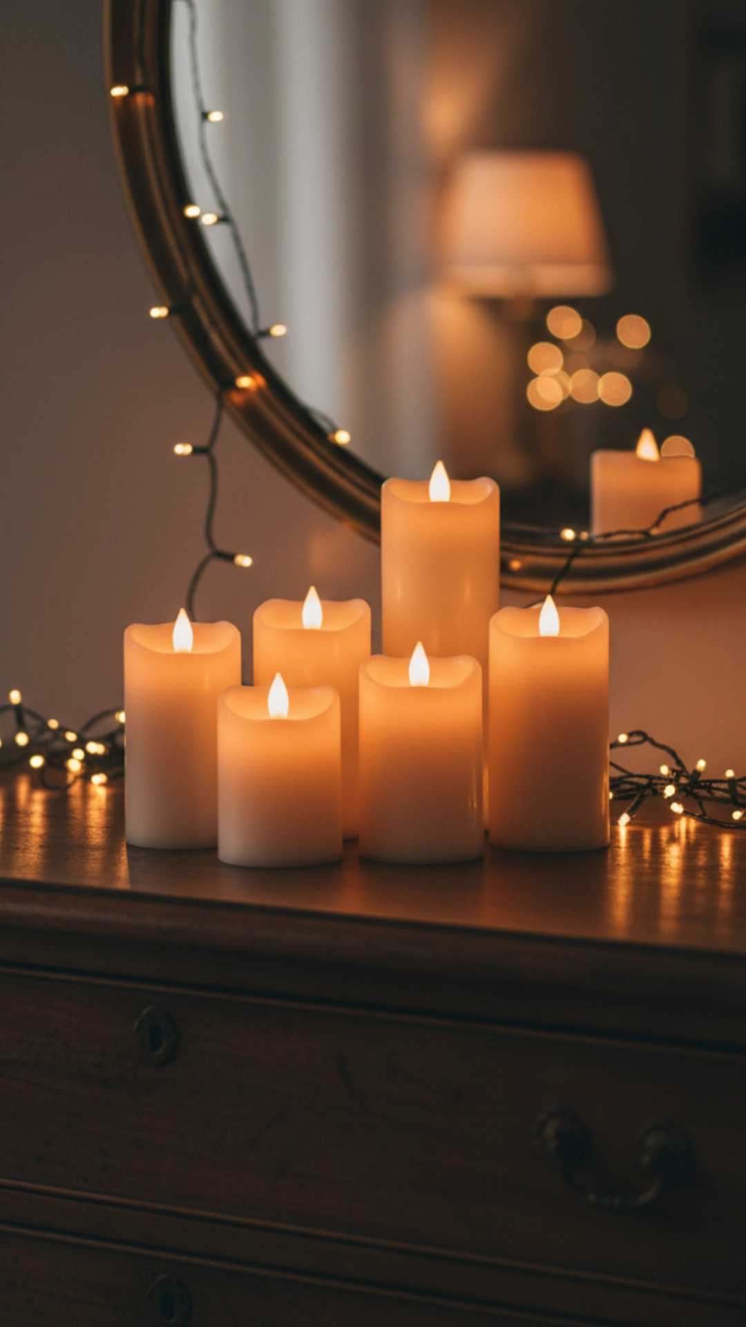 17 Cozy Living Room Decor Ideas for a Warm Winter 4 A cluster of flickering LED candles and a warm floor lamp create a cozy living room glow at dusk.