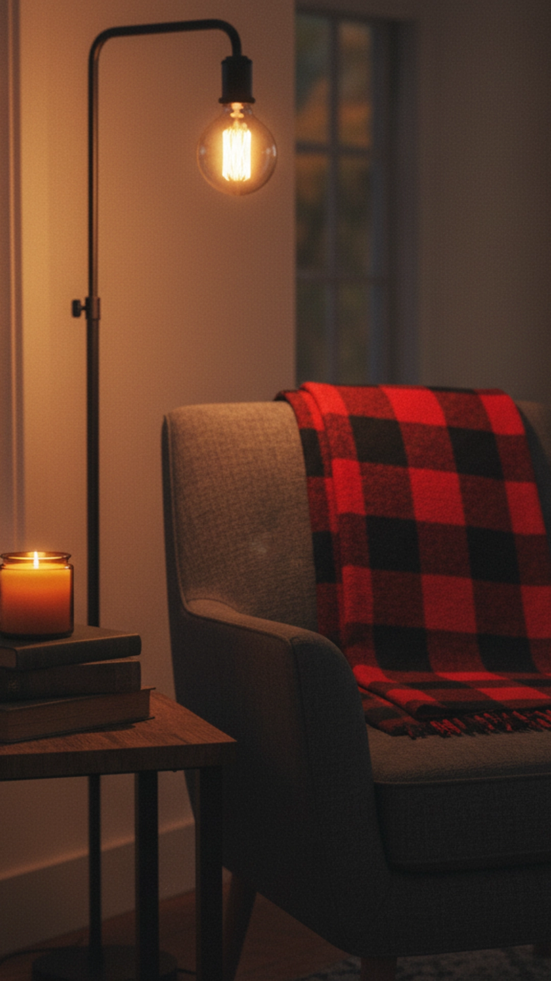 How to Use Cozy Home Decor to Unleash the Power of Fall 6 A cozy corner of a living room featuring a comfortable armchair with a plaid blanket, next to a small wooden side table. On the table is a lit candle in a jar and a stack of books, all illuminated by the warm glow of a nearby floor lamp.
