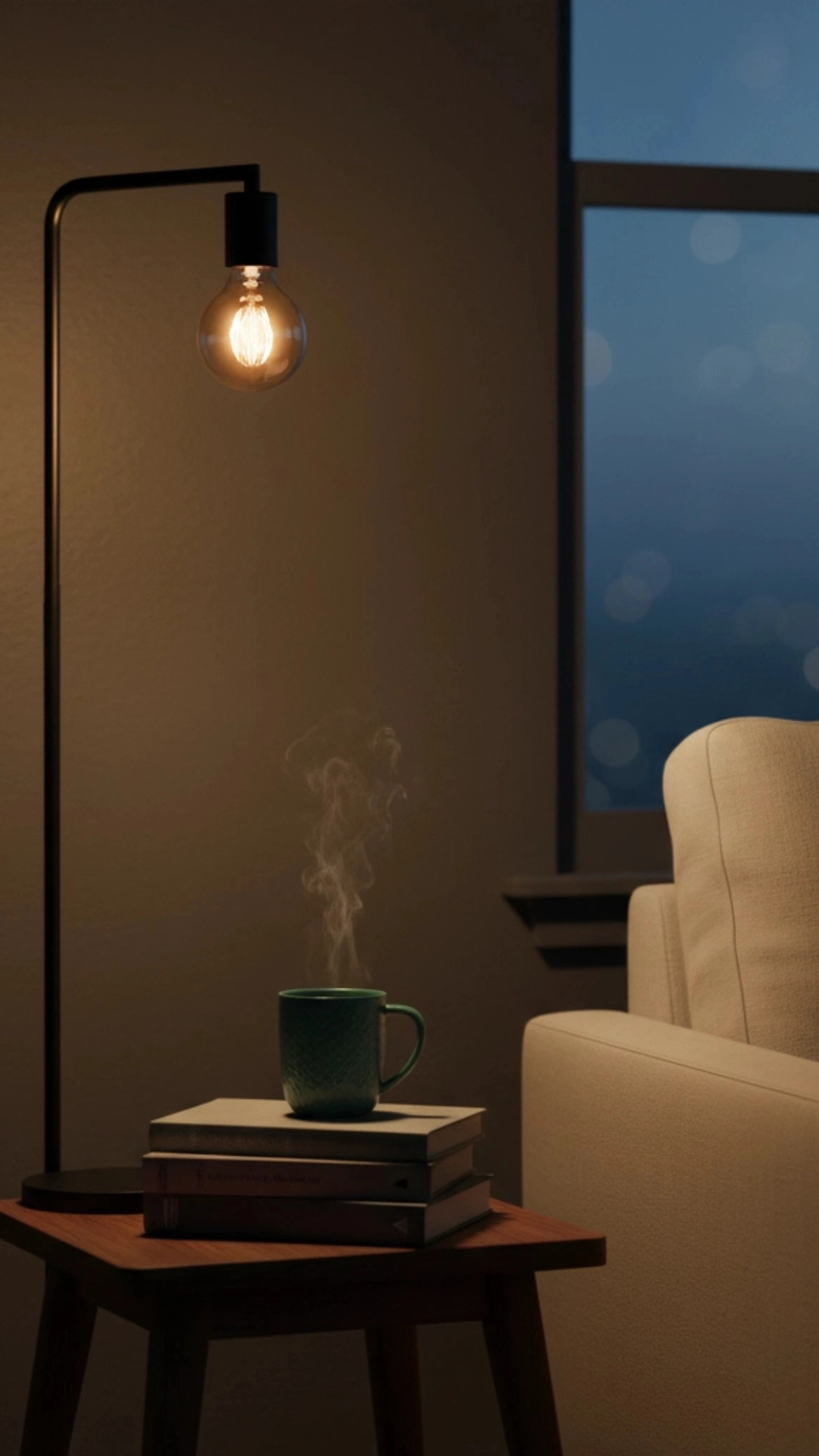 10 Insane Modern Living Room Decor Ideas for Autumn 7 A warm floor lamp illuminates a stack of books and a mug, creating a cozy and moody atmosphere for autumn.