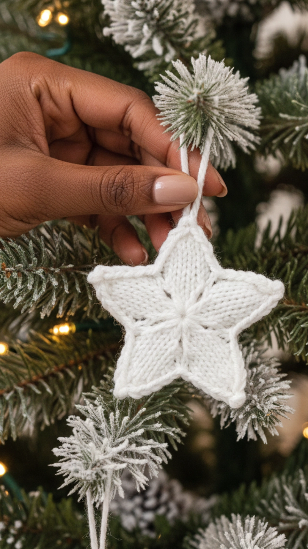  A dark brown woman's hand hanging a white knitted star ornament on a Christmas tree.