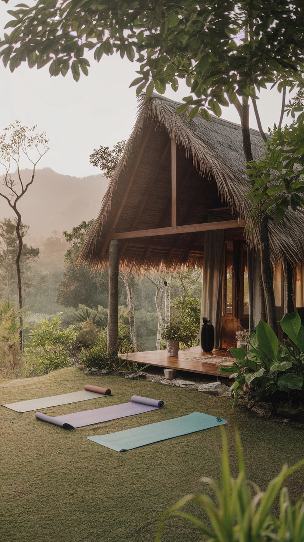 10 Cozy Cabin Trip Ideas for Your Next Adventure 11 A peaceful outdoor yoga setup in front of a cozy cabin surrounded by nature.