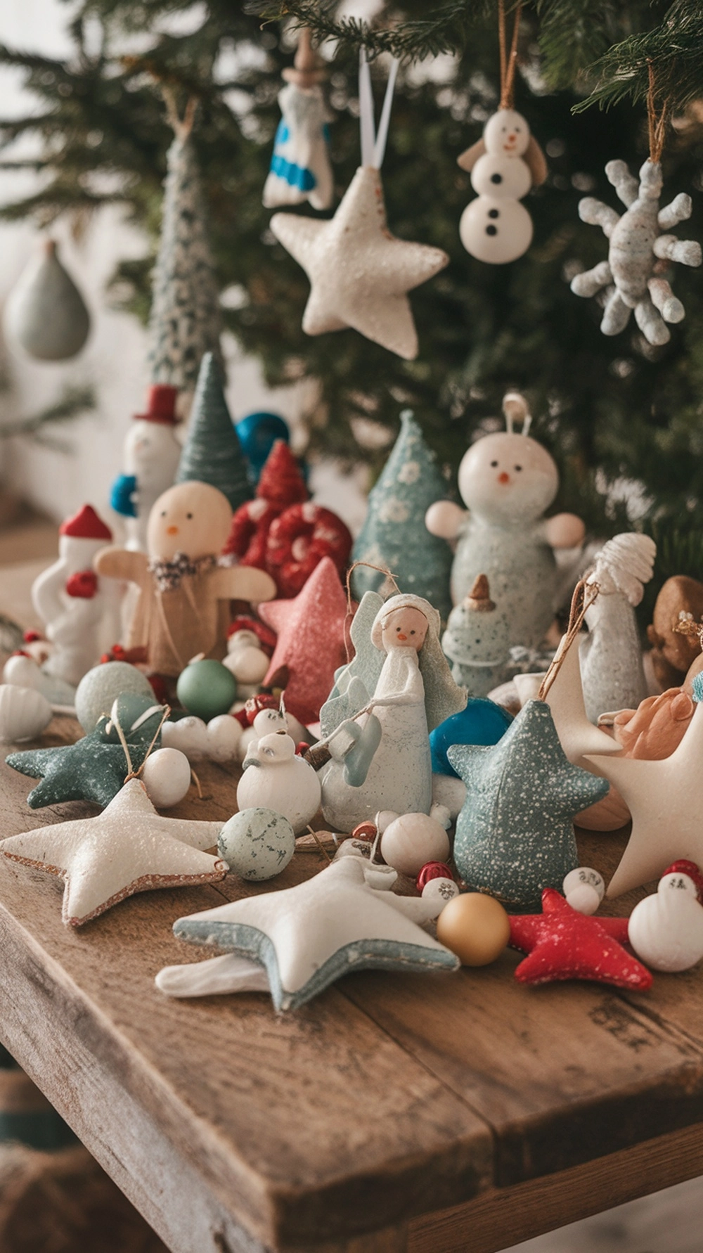14 Creative Christmas Decor Ideas for Your Home 8 A collection of whimsical Christmas tree ornaments including stars, snowmen, and colorful figures.