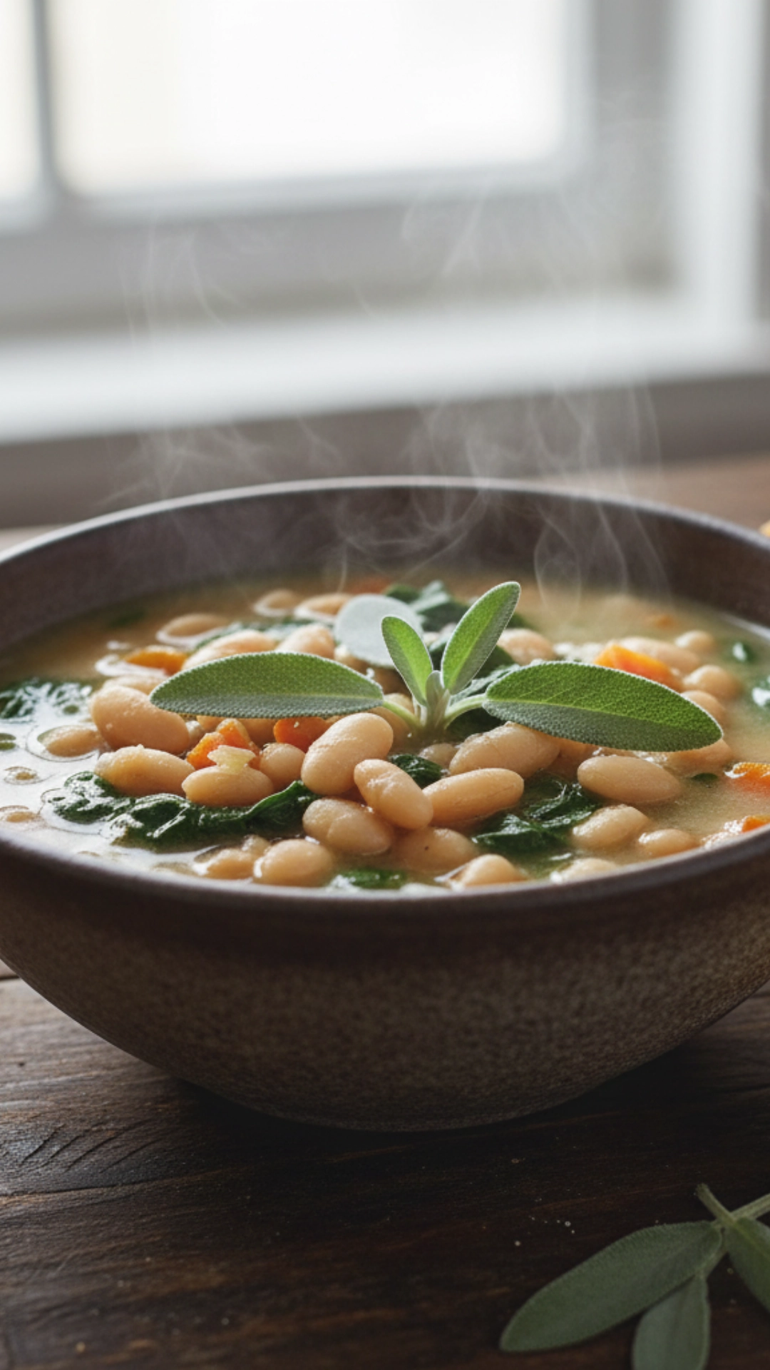 15 Delicious High Fiber Meals to Keep You Full 6 Steaming bowl of white bean and sage soup served with crusty bread.