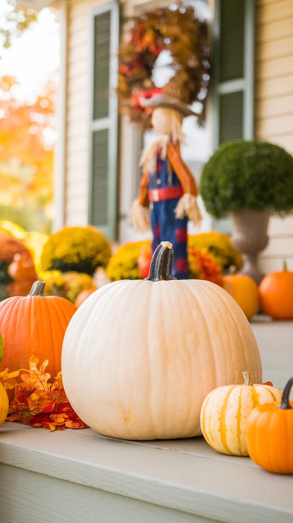 A whole white pumpkin surrounded by colorful autumn decorations.