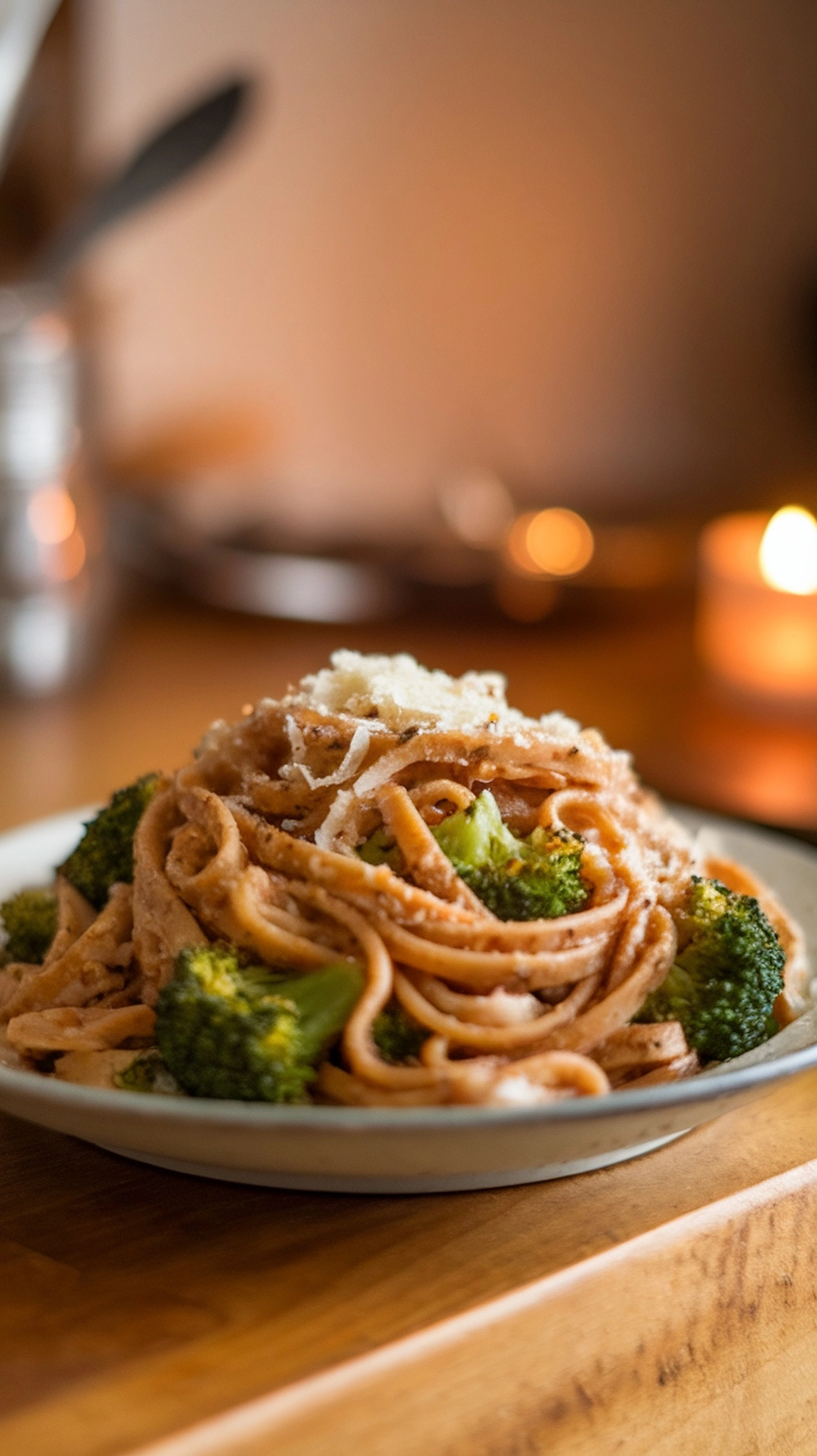 10 High Fiber Dinner Recipes for a Healthier You 8 A plate of whole wheat pasta with broccoli and garlic, garnished with cheese.