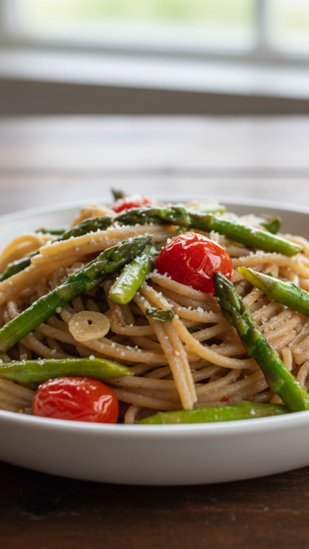 15 Delicious High Fiber Meals to Keep You Full 9 Whole wheat pasta with roasted asparagus, cherry tomatoes, and garlic.
