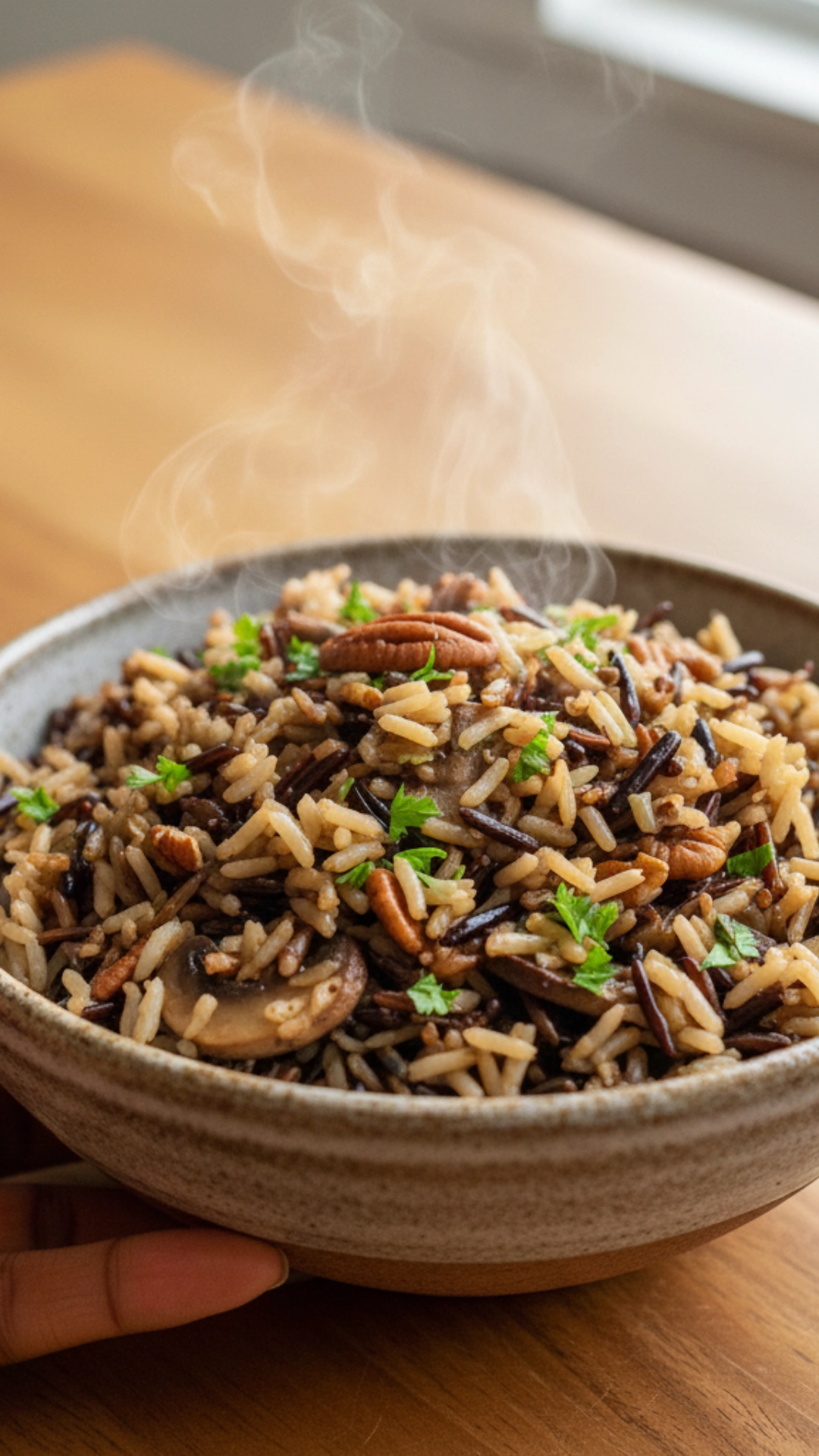 18 Amazing Healthy Thanksgiving Recipes to Try Now 10 A rustic bowl of wild rice pilaf mixed with mushrooms and pecans.
