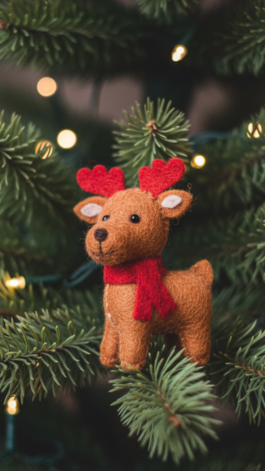 A cute felt reindeer ornament nestled in the branches of a Christmas tree.