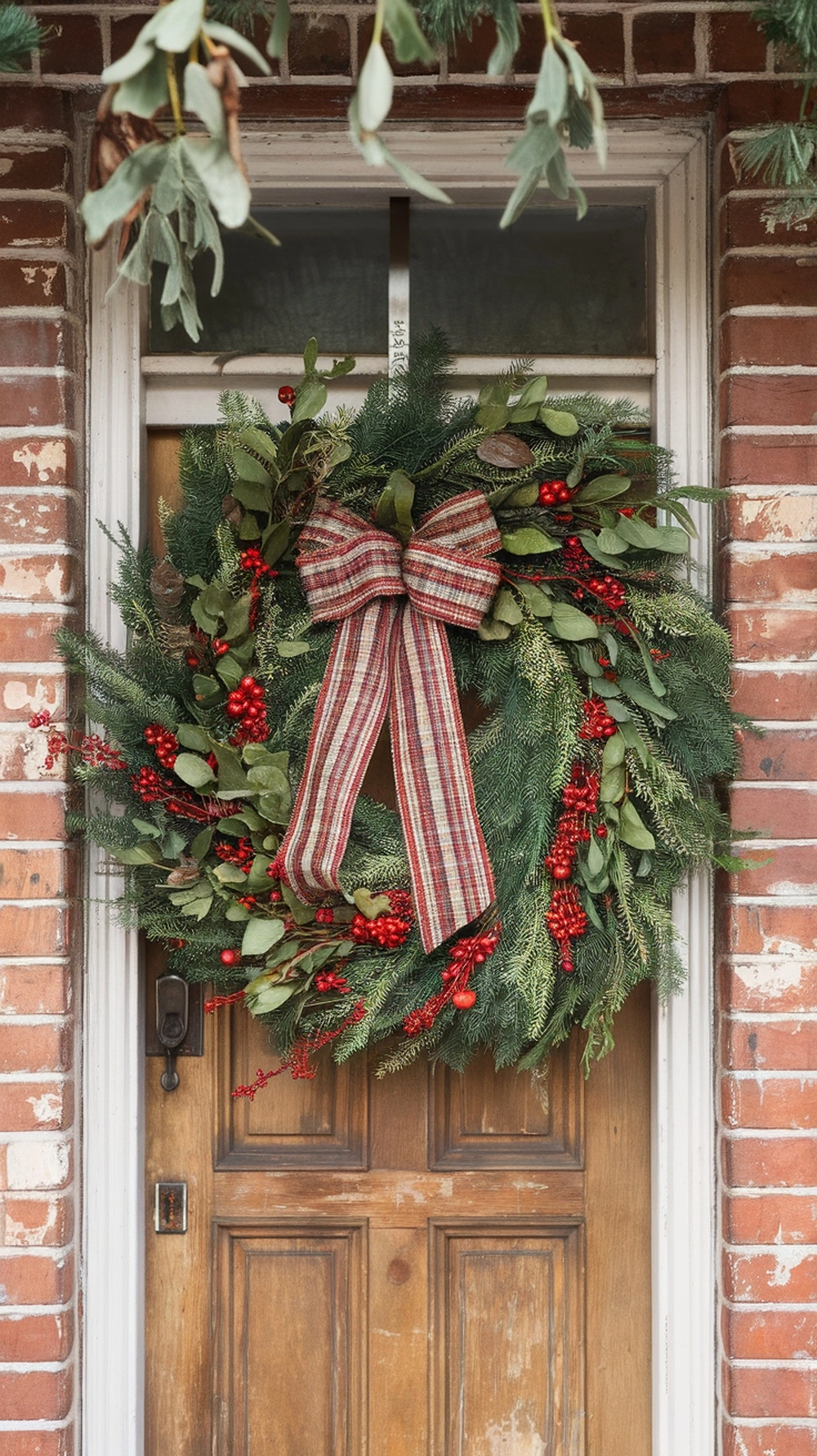 14 Creative Christmas Decor Ideas for Your Home 7 A festive wreath with greenery, red berries, and a plaid bow, hanging on a wooden front door.