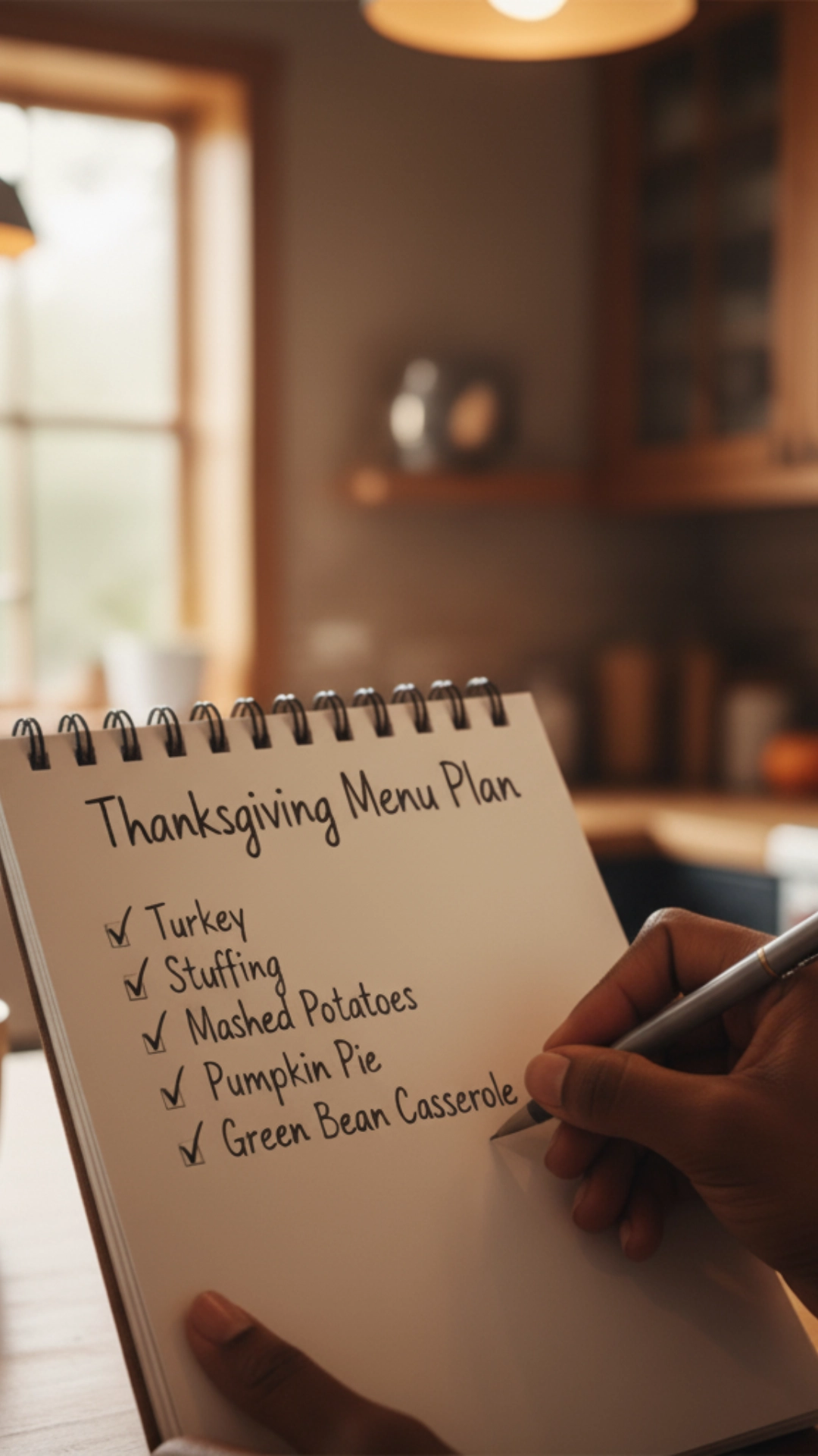 How to Plan the Perfect Thanksgiving Menu 2 "Writing 'Thanksgiving Menu Plan' on a notepad with a pen in a cozy kitchen