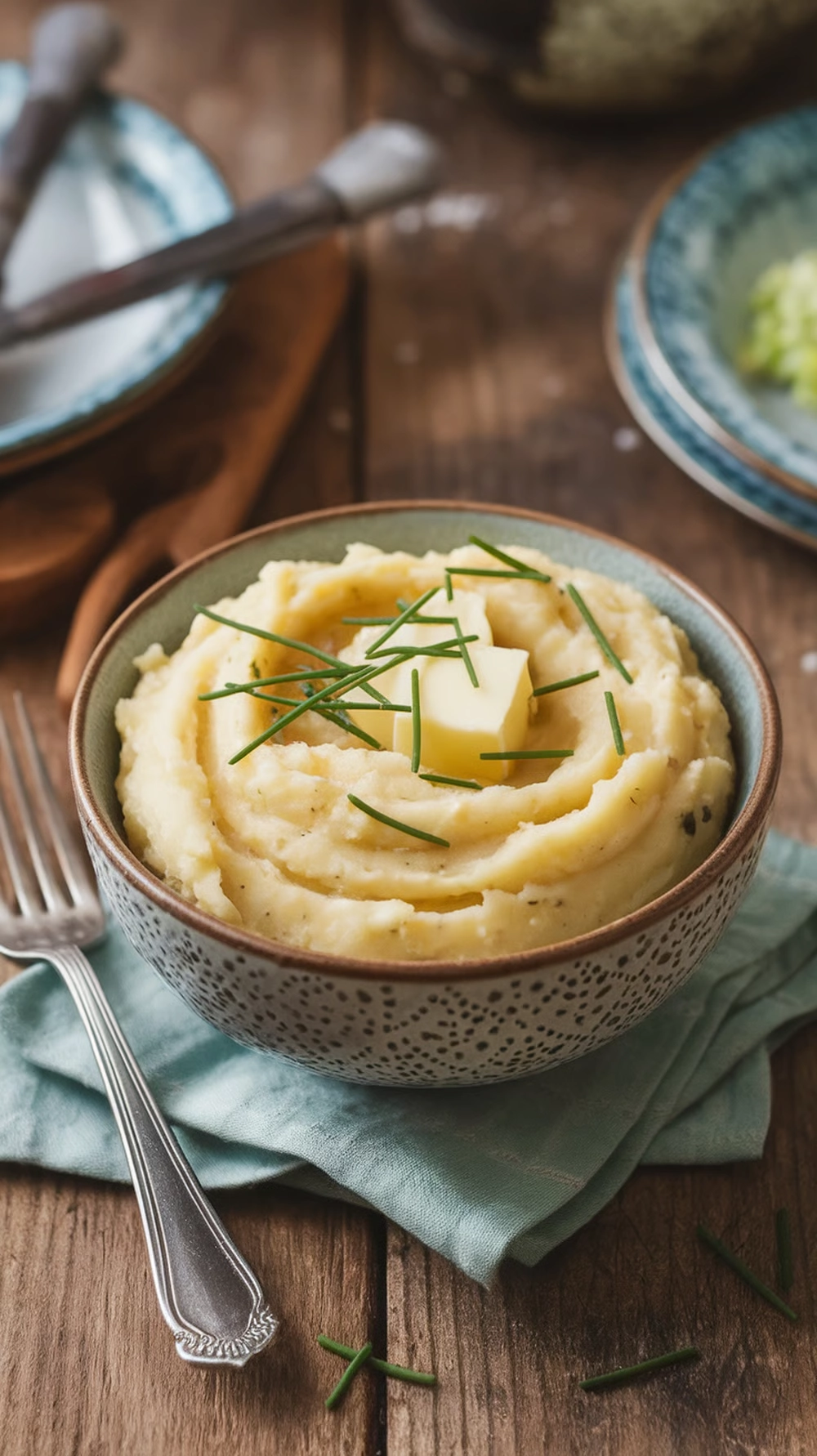 10 Easy Thanksgiving Side Dishes Everyone Will Love 3 A bowl of creamy garlic mashed potatoes topped with butter and chives on a wooden table.