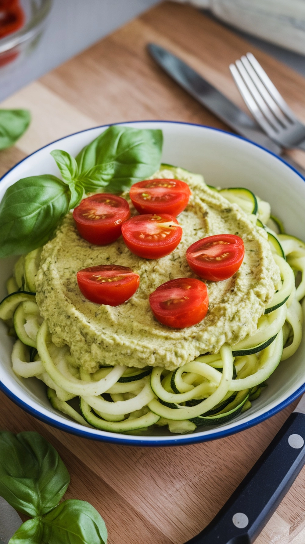 10 High Fiber Dinner Recipes for a Healthier You 11 A bowl of zucchini noodles topped with avocado pesto and cherry tomatoes, garnished with fresh basil.