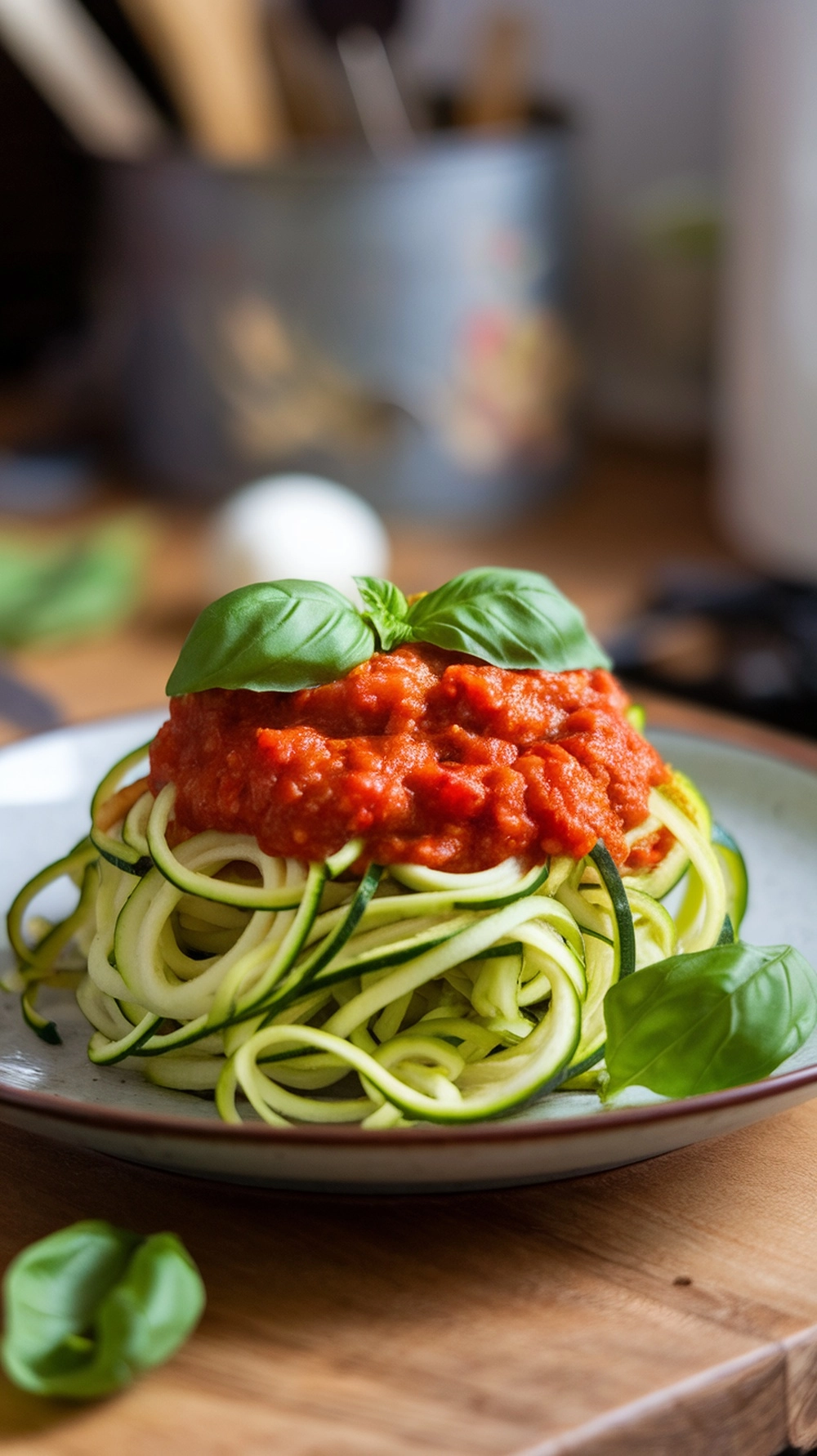 14 Quick Fall Dinner Ideas For Busy Nights 11 A plate of zucchini noodles topped with marinara sauce and fresh basil leaves.