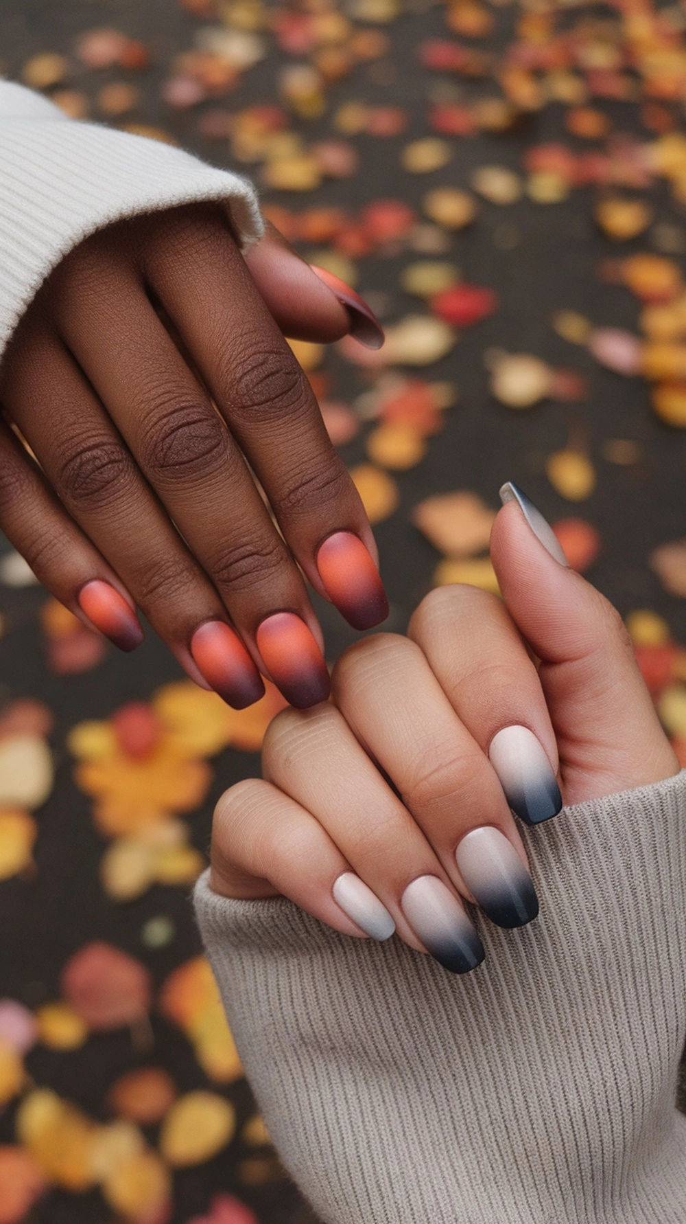 How to Create the Perfect Fall Ombre Nails at Home 8 Hands showcasing two different fall ombre nail styles, against fallen leaves.