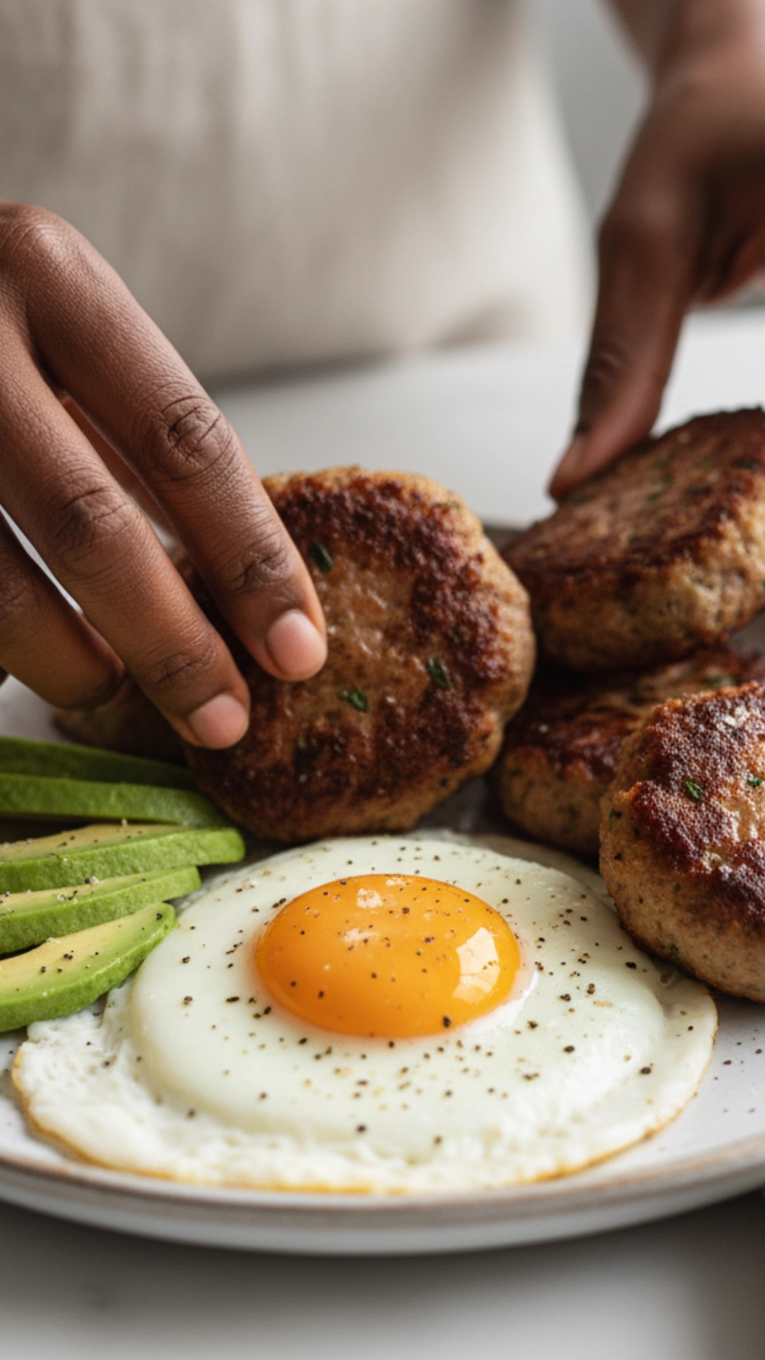  Homemade turkey sausage patties sizzling and browning in a cast-iron skillet, a lean high-protein breakfast option.