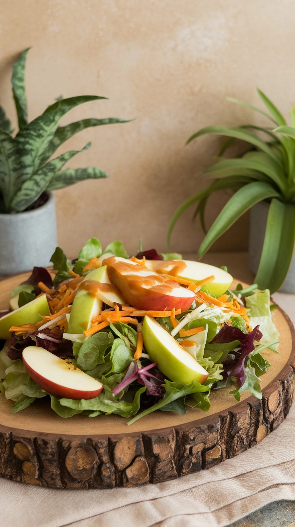 10 Thanksgiving Salad Recipes to Brighten Up the Table 9 A vibrant Apple and Cheddar Salad with Maple Vinaigrette served on a wooden platter, garnished with fresh greens and apple slices.