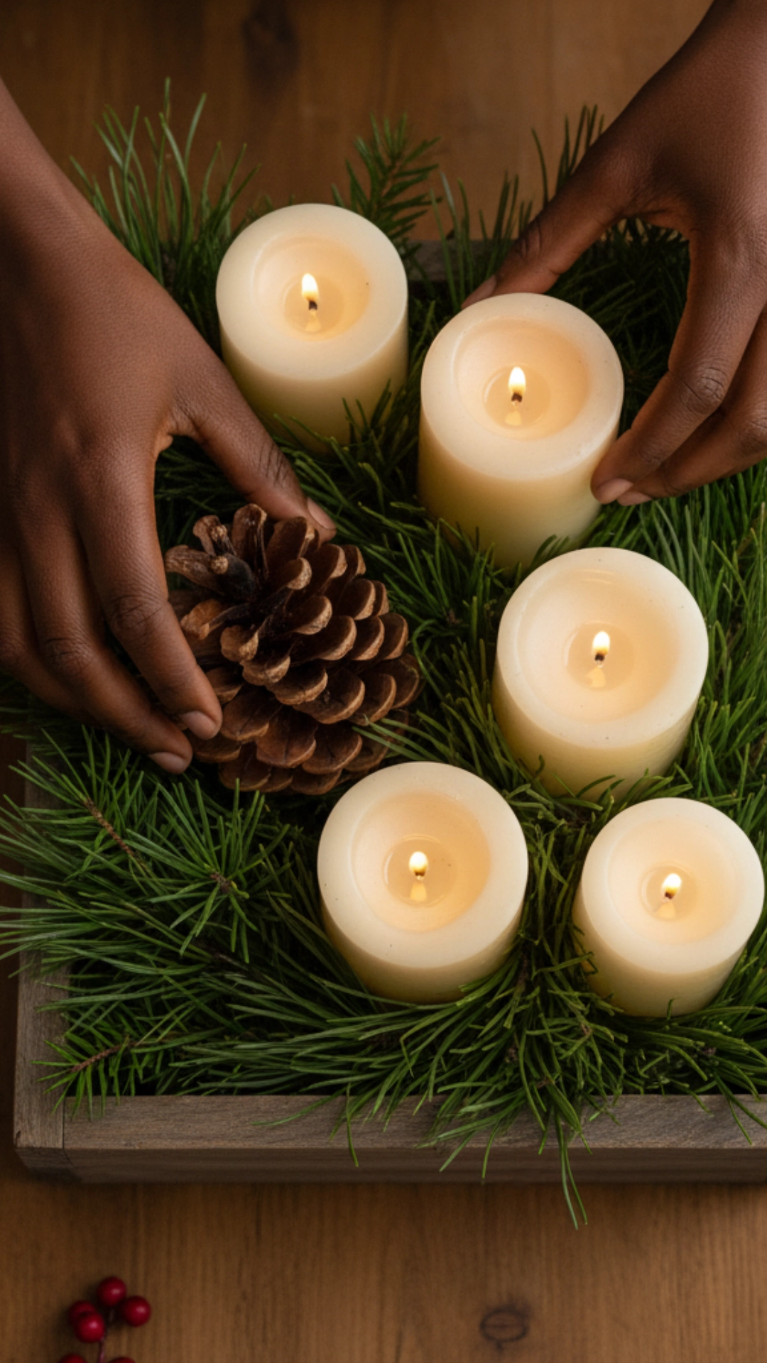 10 Simple DIY Holiday Centerpieces Anyone Can Make 4 A top-down view of hands arranging pinecones and greenery in a wooden box for a simple DIY holiday centerpiece.