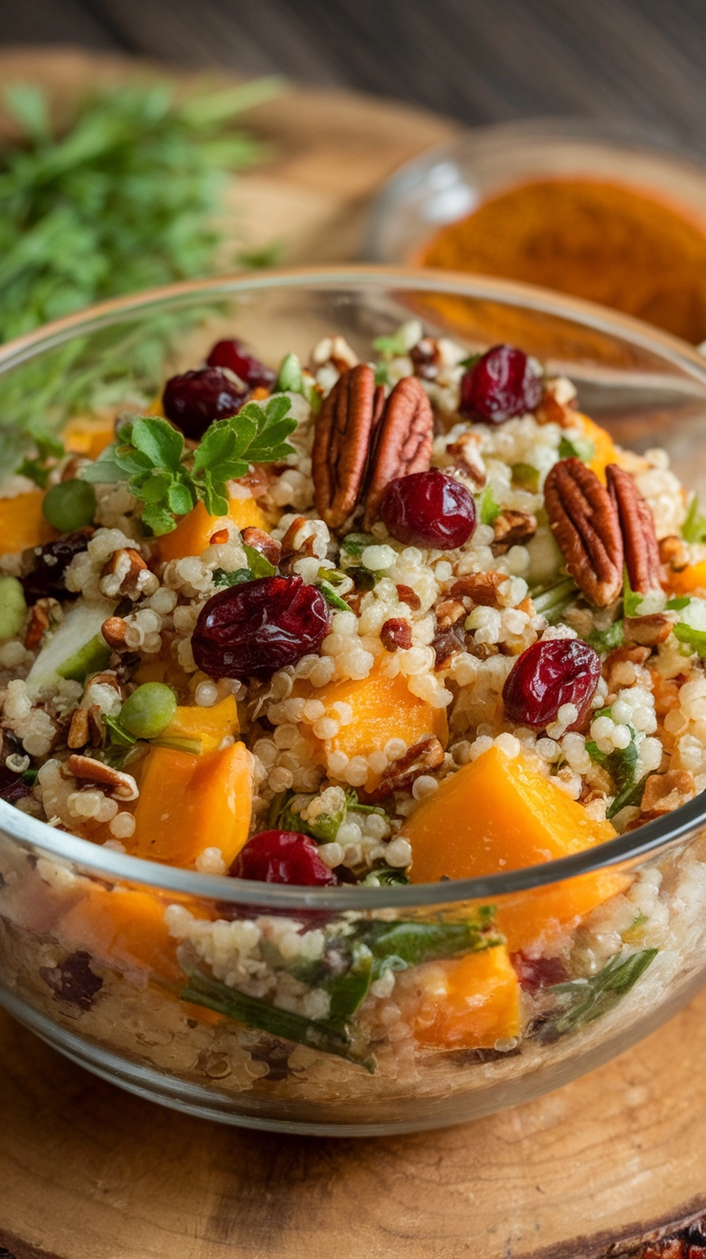 10 Thanksgiving Salad Recipes to Brighten Up the Table 2 A bowl of Autumn Harvest Quinoa Salad with butternut squash, cranberries, and pecans.