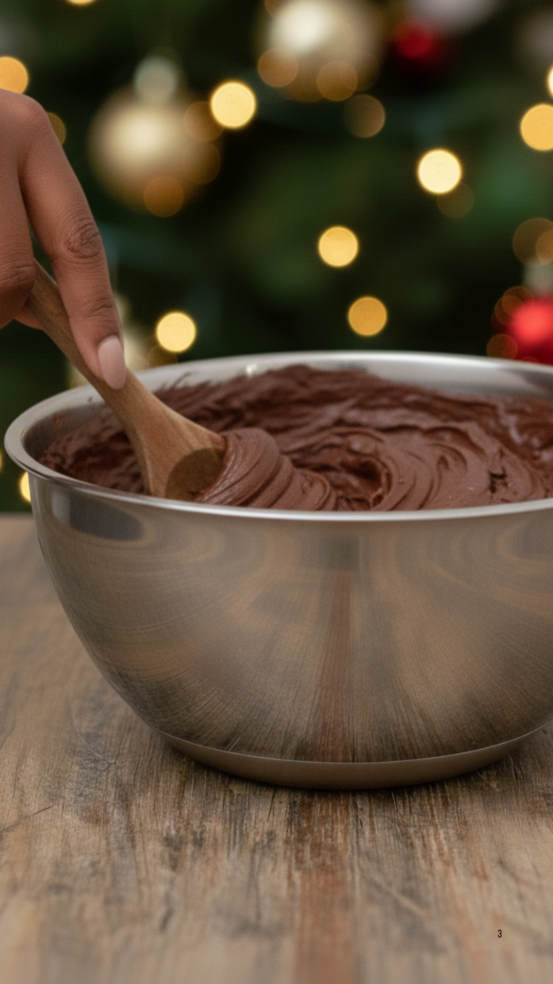 A hand beating traditional homemade fudge until it loses its sheen