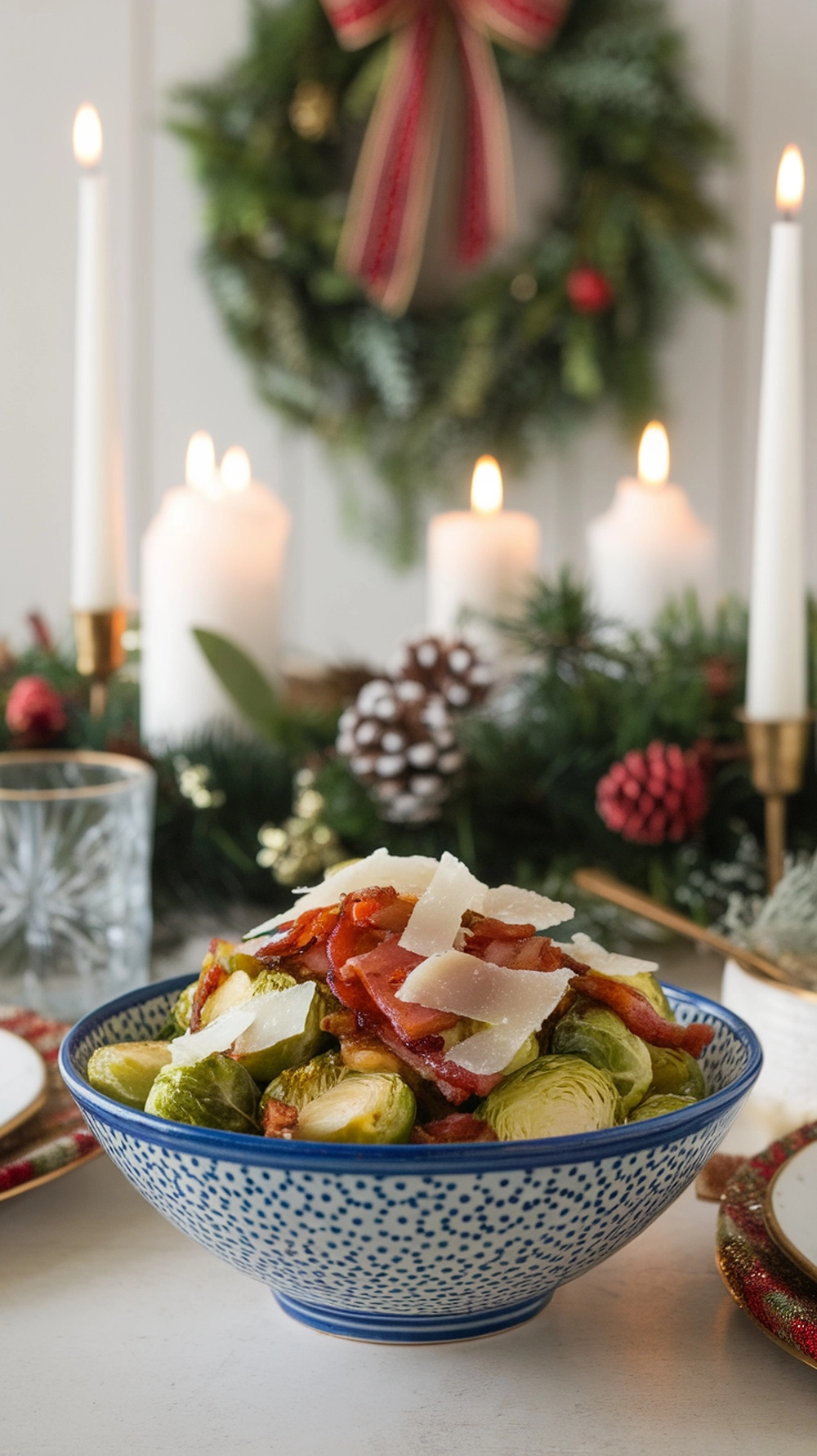 10 Thanksgiving Salad Recipes to Brighten Up the Table 6 A bowl of Brussels sprouts and bacon salad topped with Parmesan cheese, surrounded by festive holiday decorations.