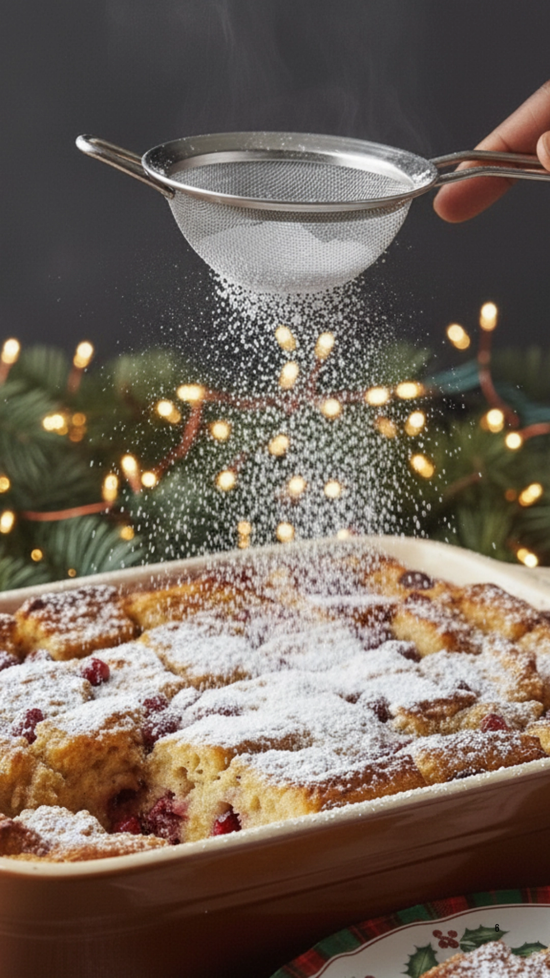 Hand sprinkling powdered sugar on baked casserole.