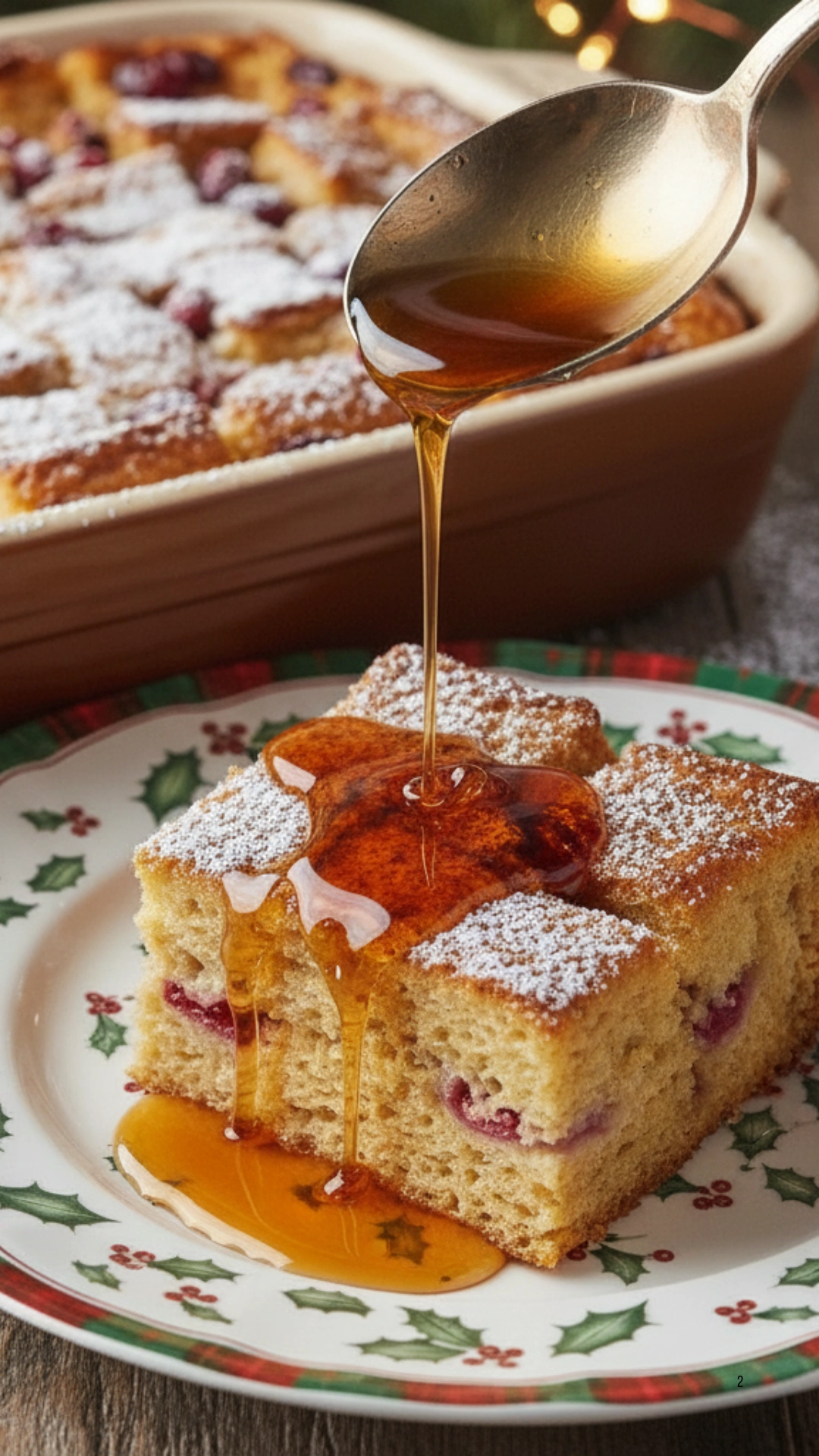 Sliced French toast casserole drizzled with maple syrup.