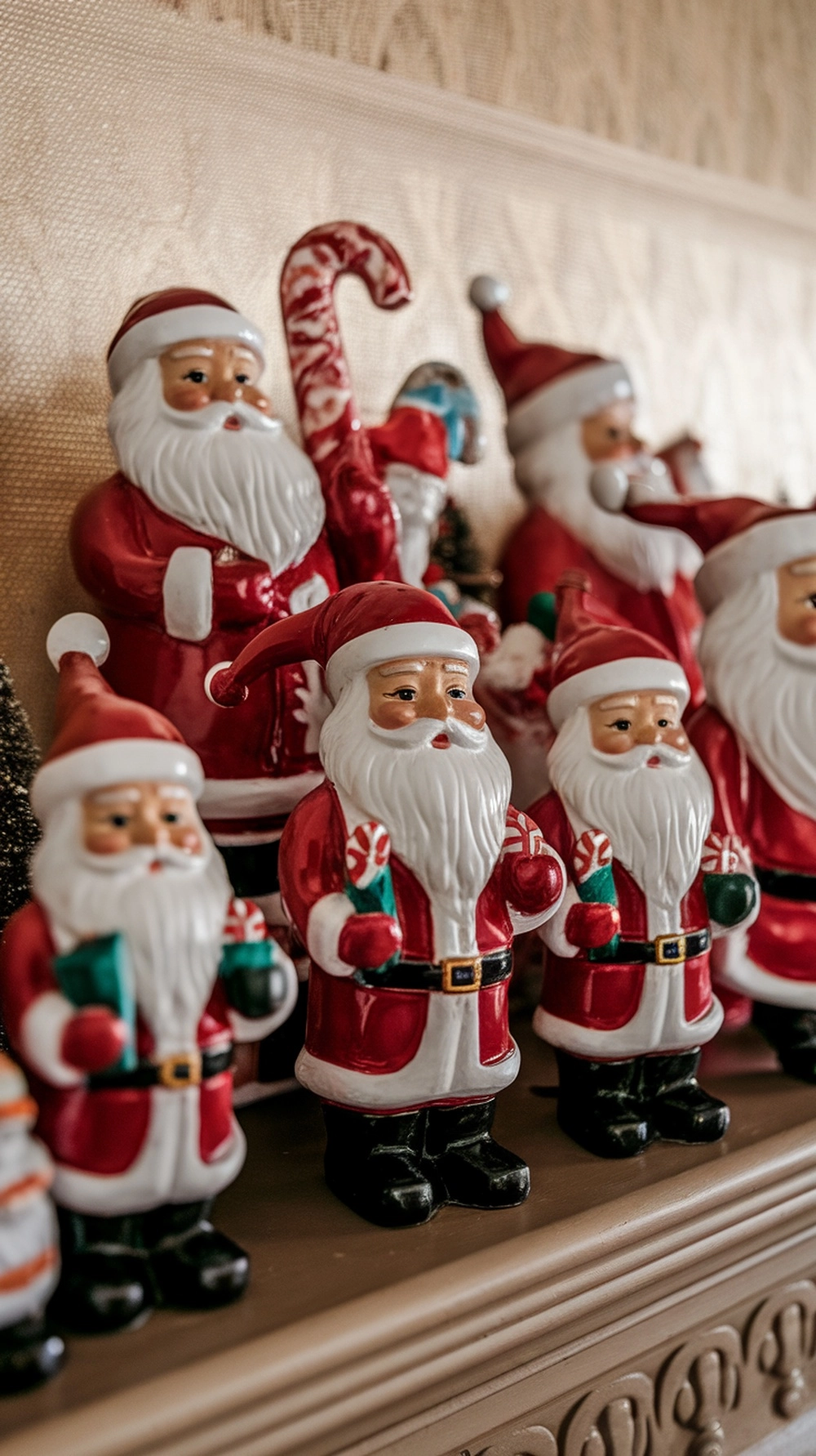 16 Stunning Red Christmas Decor Ideas 24 A collection of cherry red Santa figurines with white beards and red hats, standing in a row.