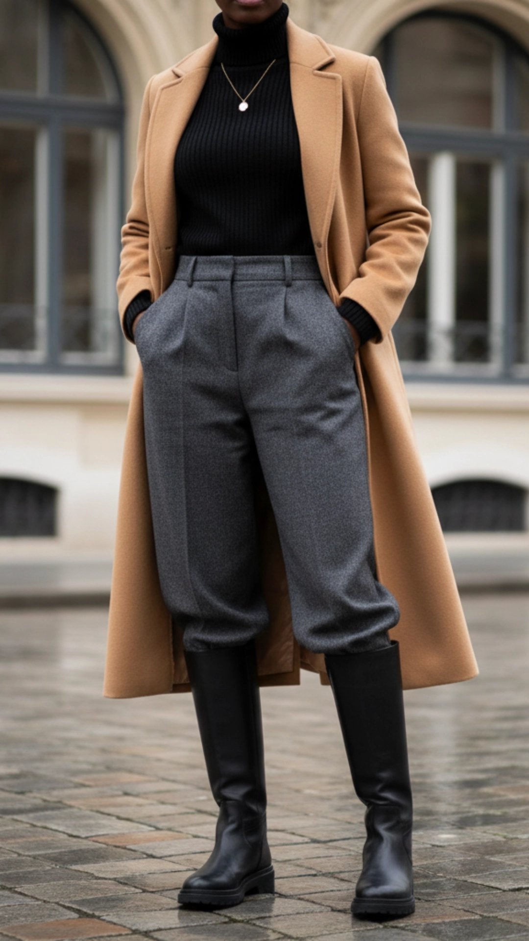 How to Style the Perfect Cozy Winter Outfit 12 A woman looks sophisticated in a long wool overcoat, turtleneck, and wide-leg trousers.