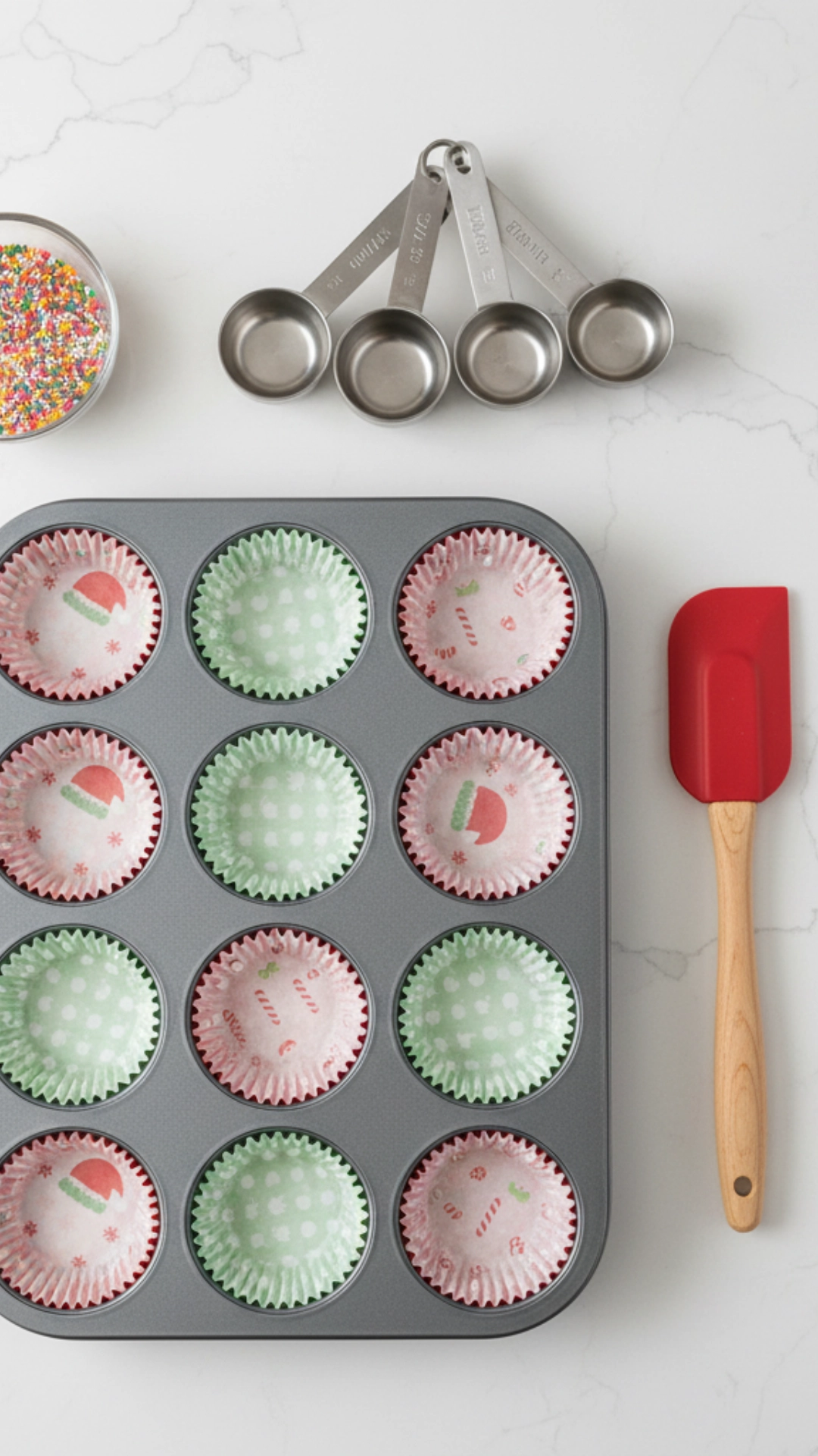 How to Make Christmas Cupcakes Like a Pro 2 The essential baking tools needed to make Festive Christmas Cupcakes, including a muffin tin and whisk.