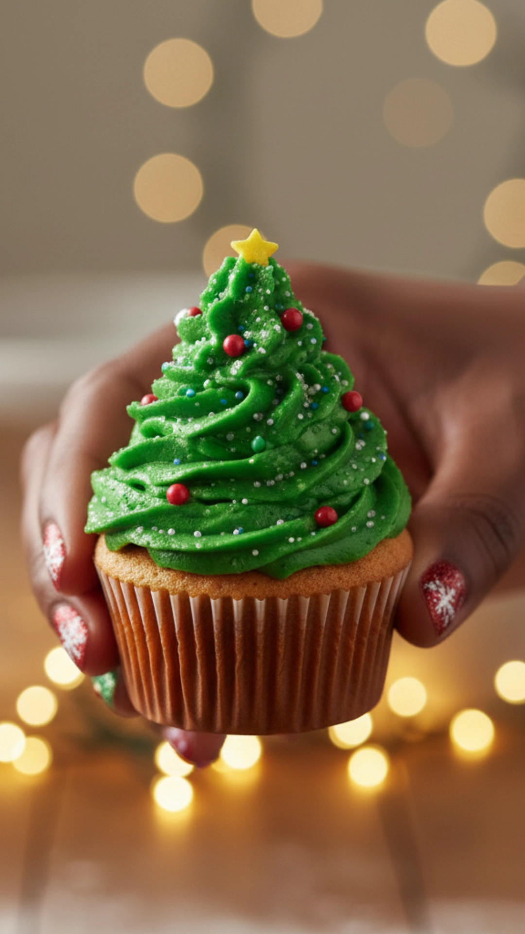 How to Make Christmas Cupcakes Like a Pro 8 A step-by-step guide to piping a perfect green Christmas tree on top of a festive cupcake.