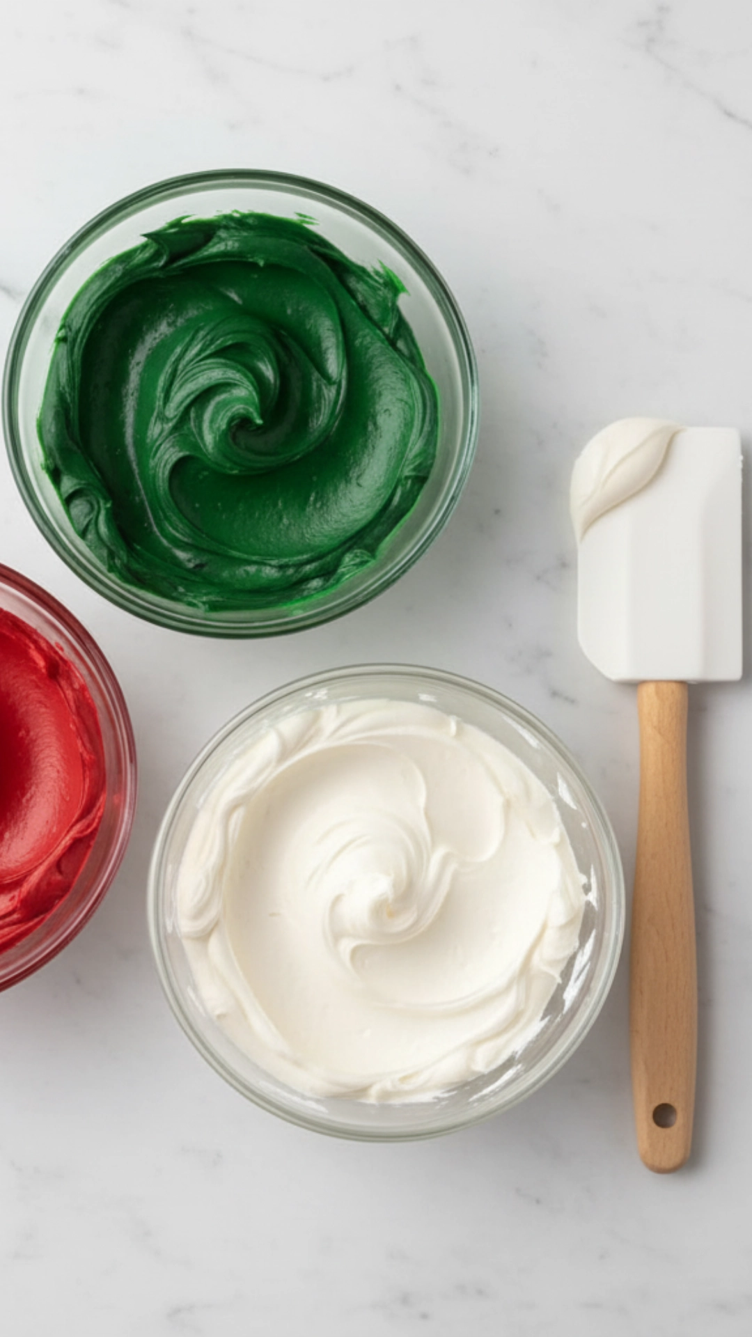 How to Make Christmas Cupcakes Like a Pro 7 Three bowls of buttercream colored red, green, and white for decorating Festive Christmas Cupcakes.