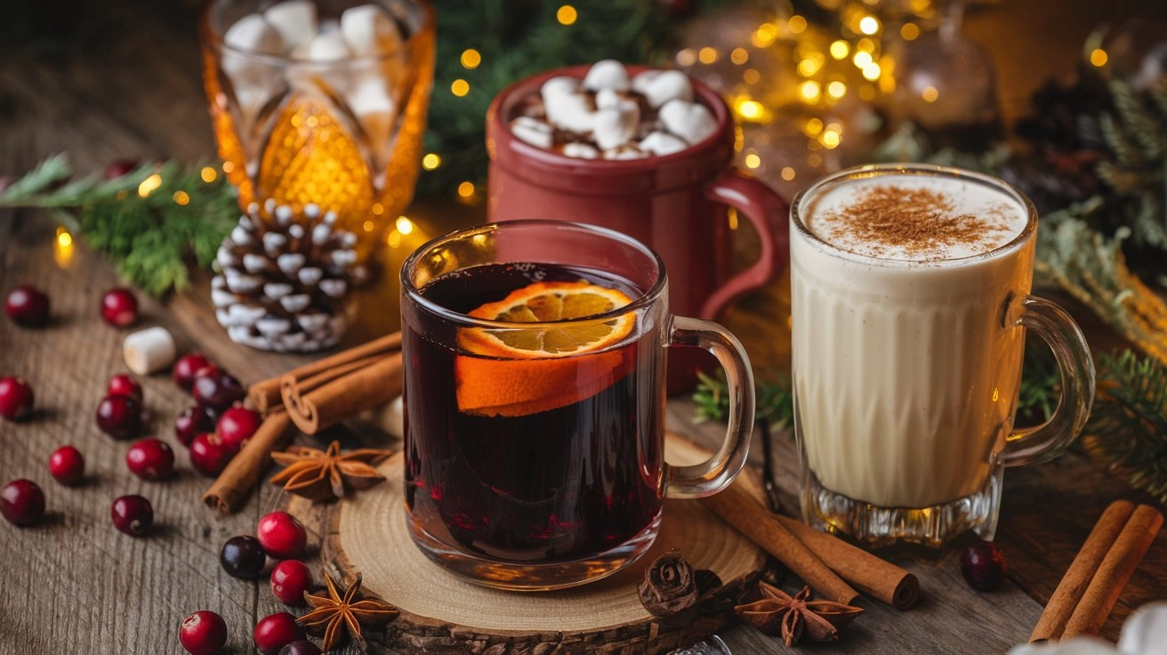 15 Cozy Christmas Drinks to Warm Up Winter Mornings 1 A festive flat-lay of various cozy Christmas drinks, including mulled wine, hot chocolate, and eggnog, on a wooden table.