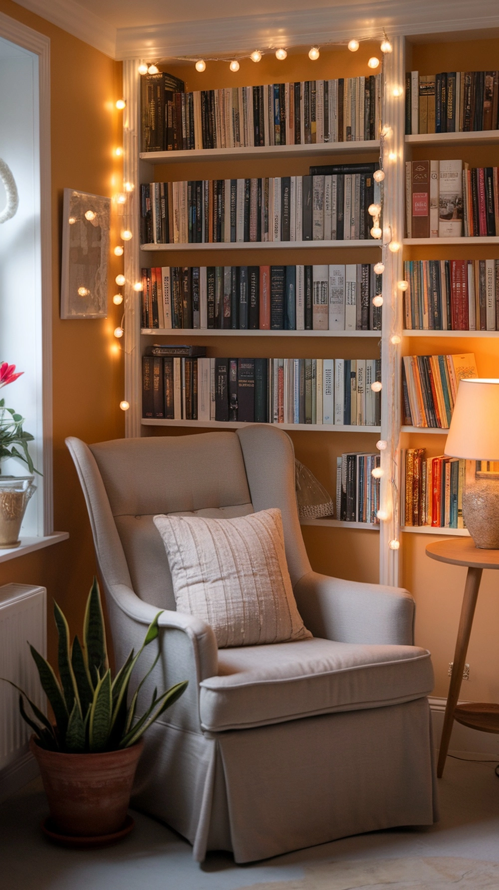 14 Earthy Cottage Home Decor Ideas to Transform Your Space 8 Cozy reading nook with a comfortable chair, bookshelves, and warm lighting