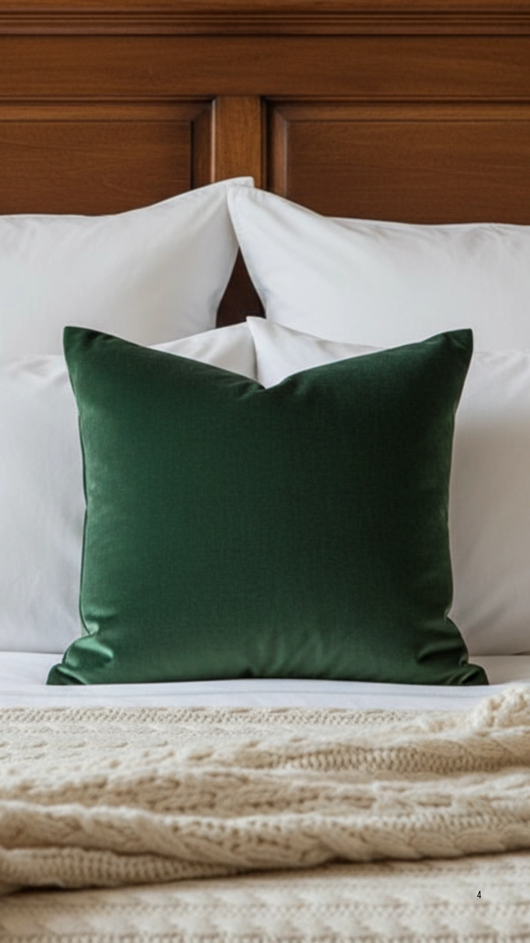 A headboard piled with many cozy pillows, including a rich, forest green velvet accent pillow.