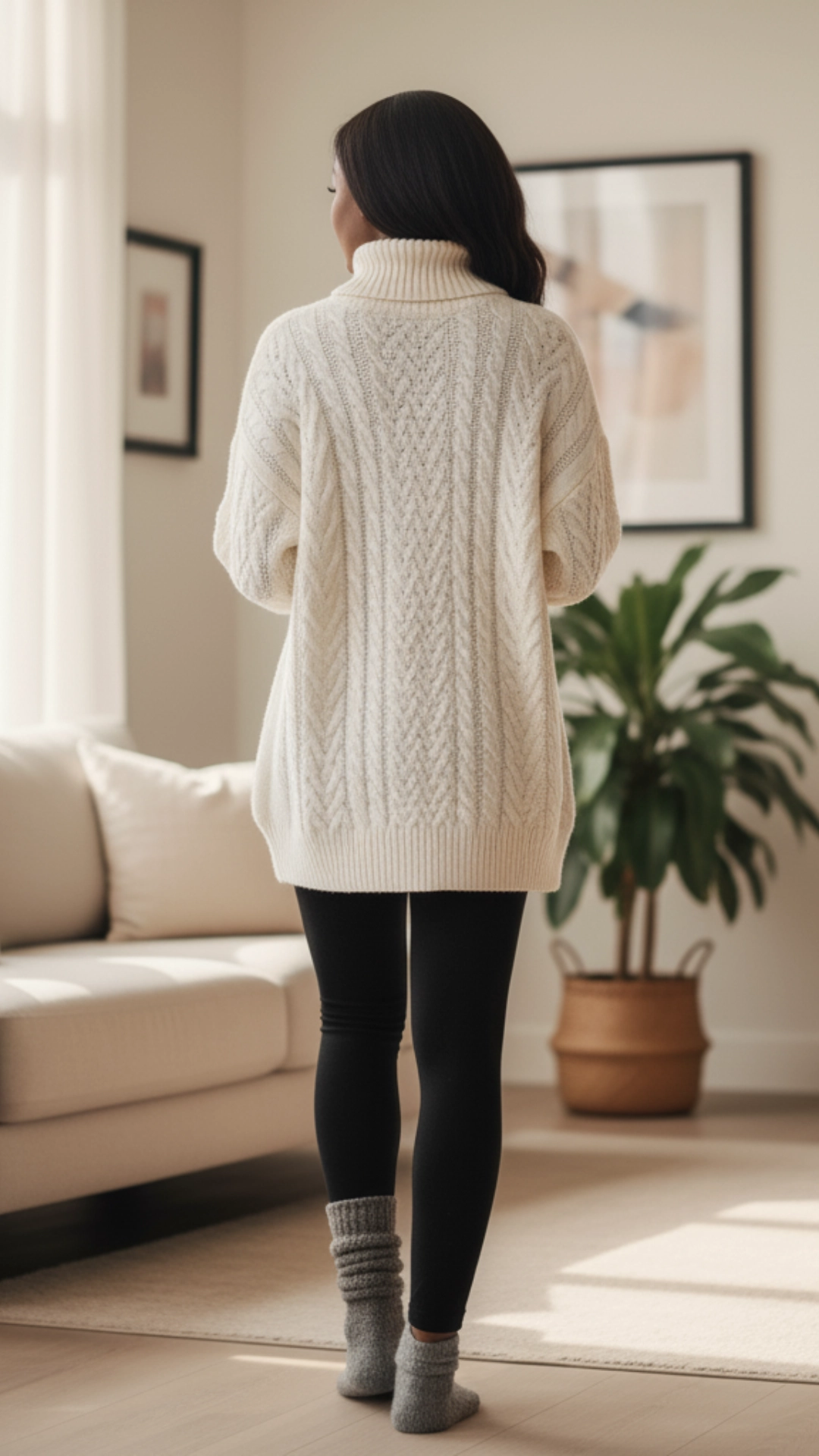 How to Style the Perfect Cozy Winter Outfit 4 A woman wearing a chunky cream-colored cable-knit sweater and black leggings stands in a modern living room.