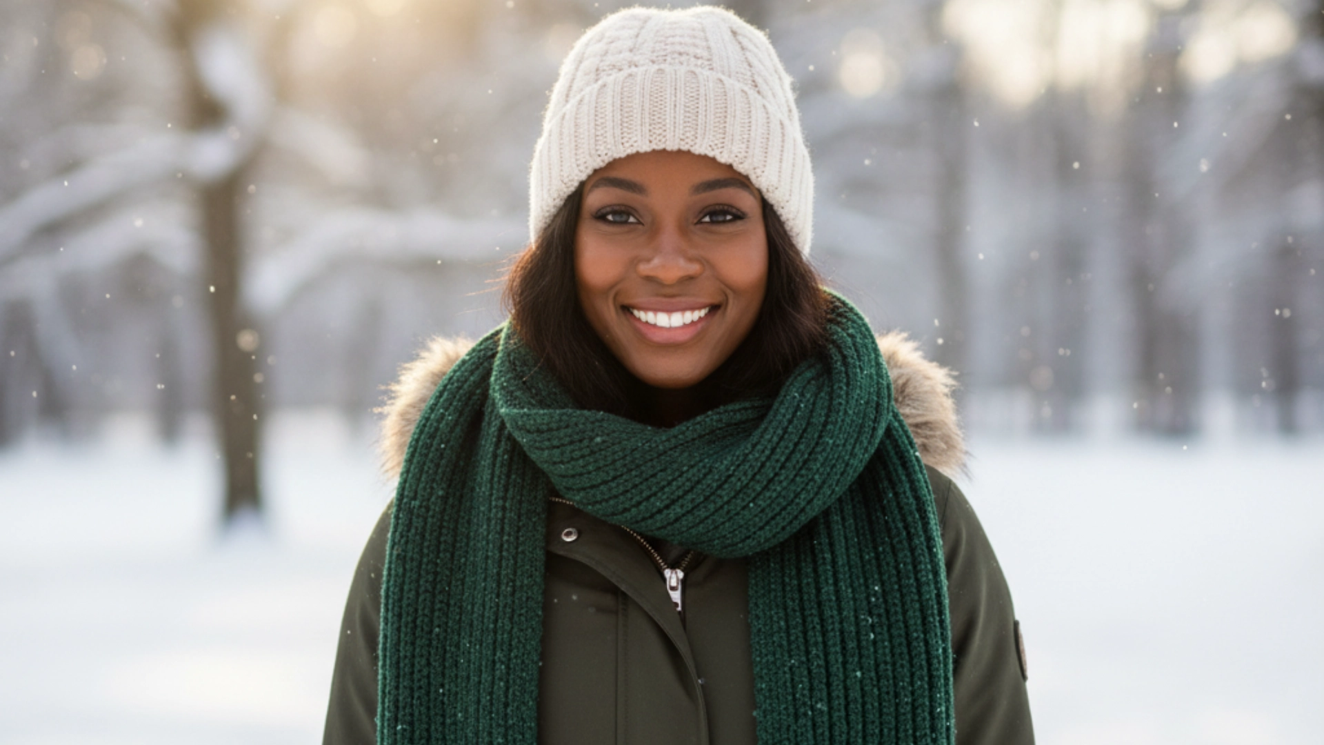 A stylish woman smiles, wearing a perfectly layered cozy winter outfit with a beanie, scarf, and warm coat outdoors.