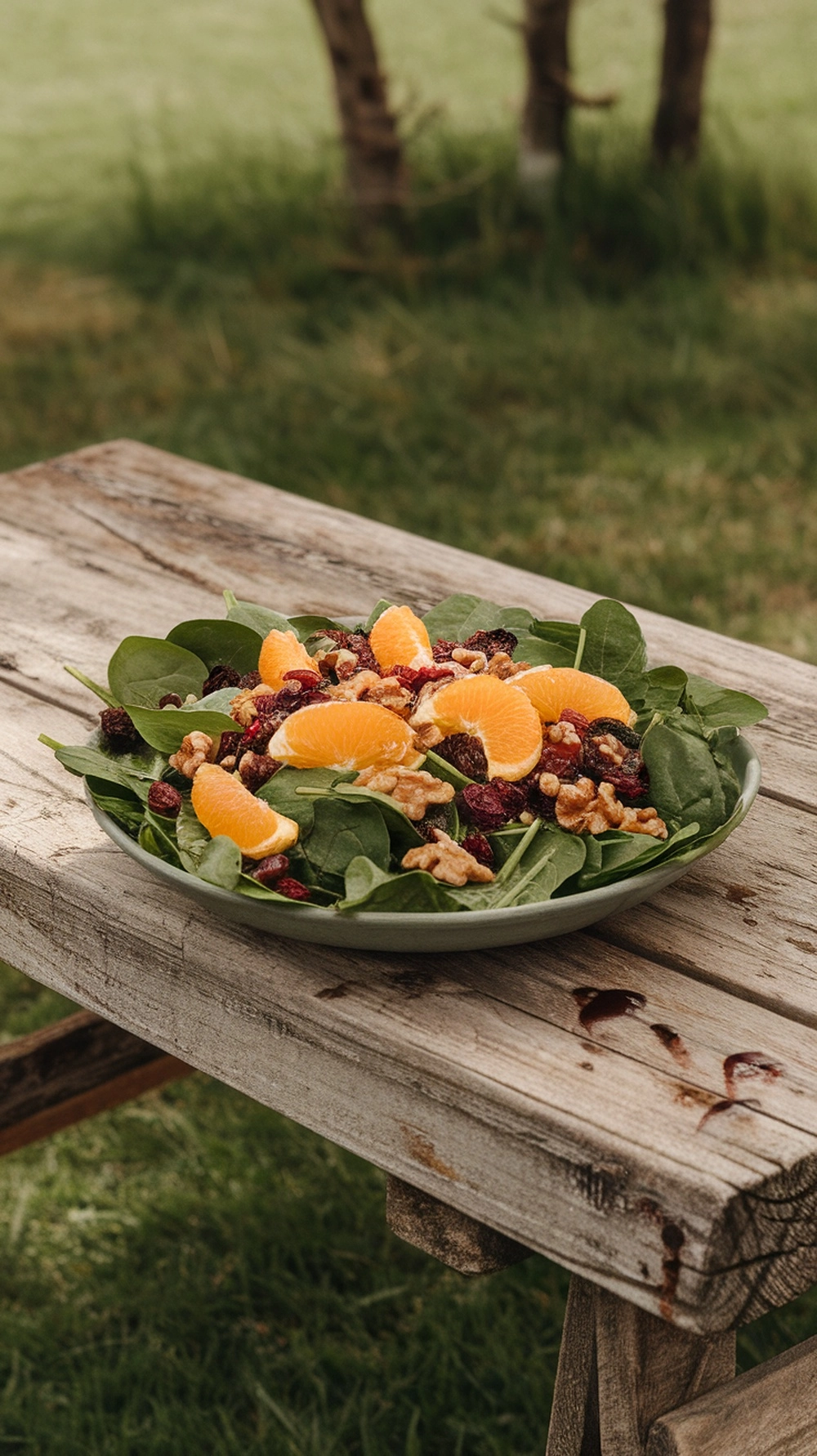 10 Thanksgiving Salad Recipes to Brighten Up the Table 8 Cranberry Walnut Spinach Salad on a wooden table