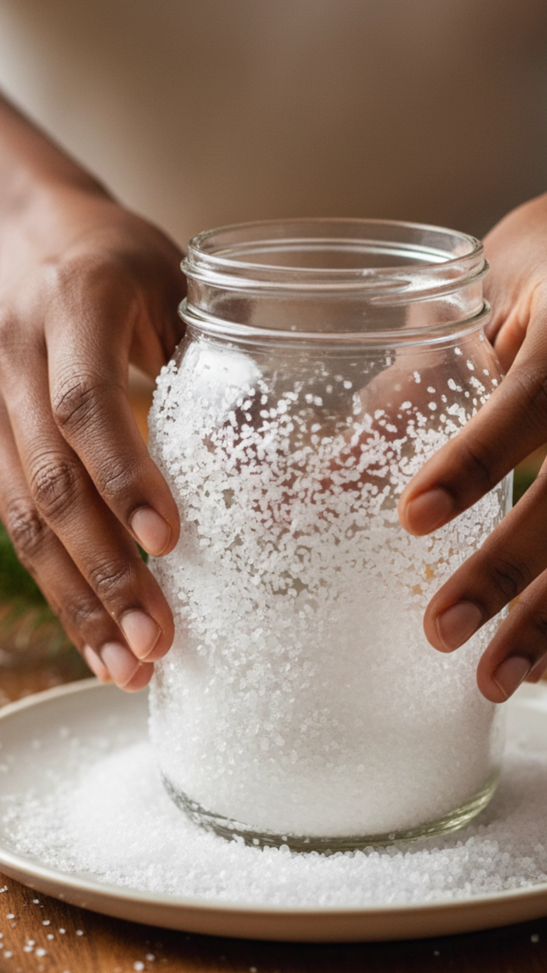 10 Simple DIY Holiday Centerpieces Anyone Can Make 5 A woman's hands rolling a glue-covered jar in Epsom salt to create a simple DIY holiday luminary centerpiece.