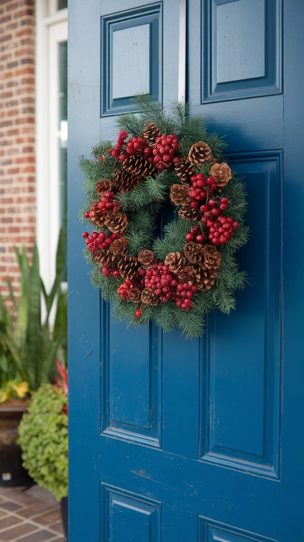 16 Stunning Red Christmas Decor Ideas 17 A beautiful crimson wreath adorned with pinecones and berries, hanging on a blue door.