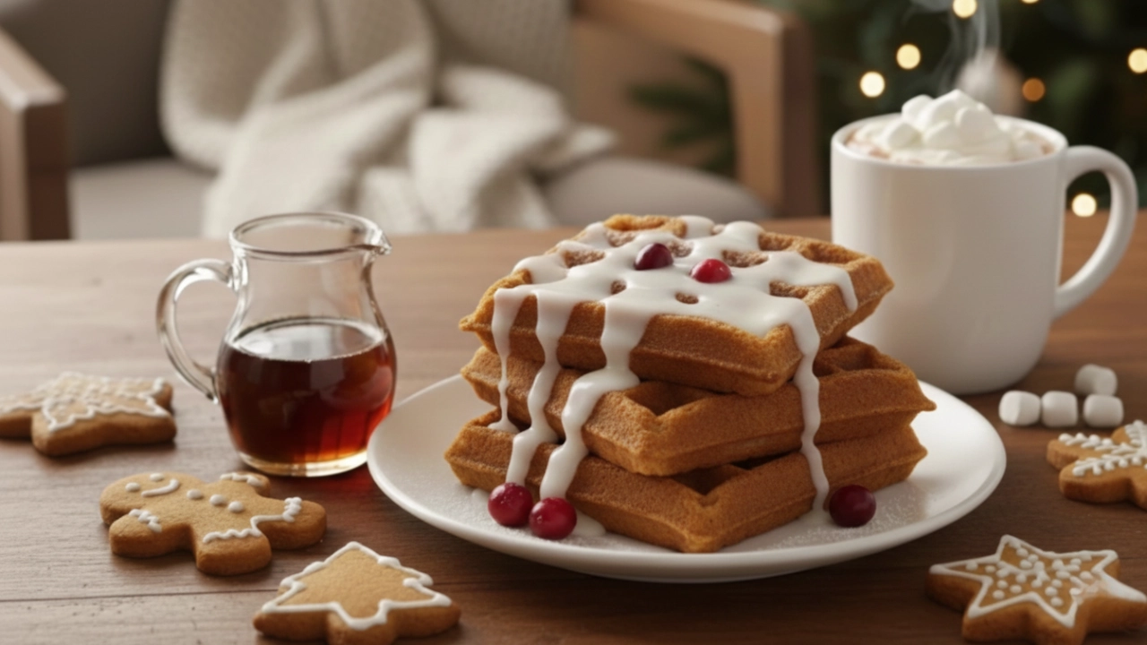 Stack of golden gingerbread waffles drizzled with lemon glaze.