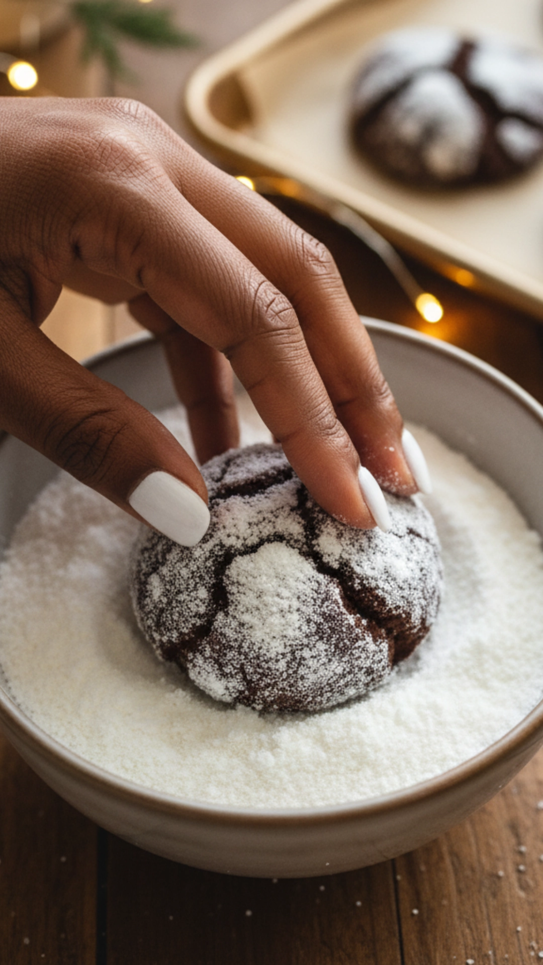15 Shockingly Easy Holiday Cookie Recipes for Beginners 6 A woman's hand with white nail polish rolls a dark chocolate cookie dough ball in a small bowl filled with powdered sugar.