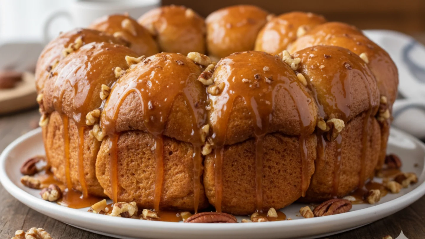 Golden brown Easy Christmas Morning Monkey Bread covered in warm caramel sauce.