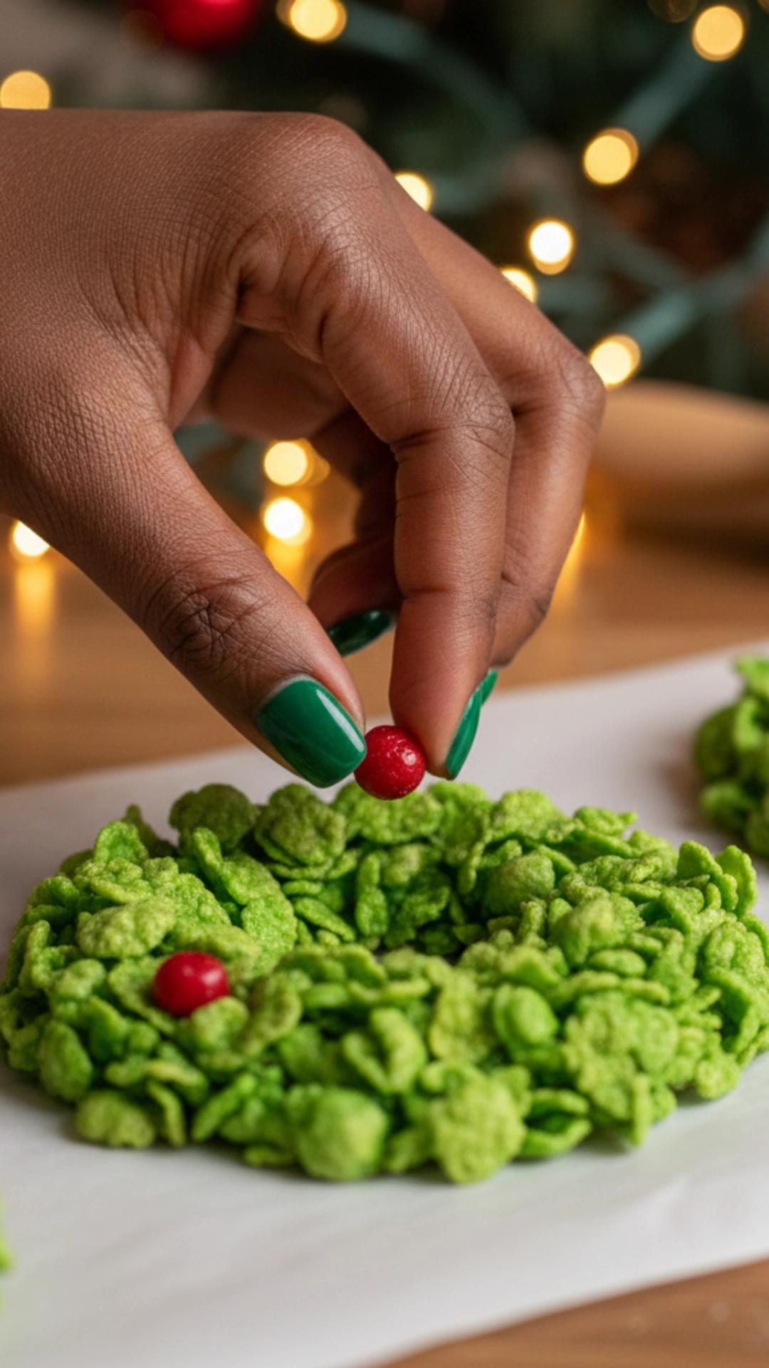 15 Shockingly Easy Holiday Cookie Recipes for Beginners 3 A woman's hand with green nail polish carefully placing a red cinnamon candy "berry" on a green cornflake wreath cookie.