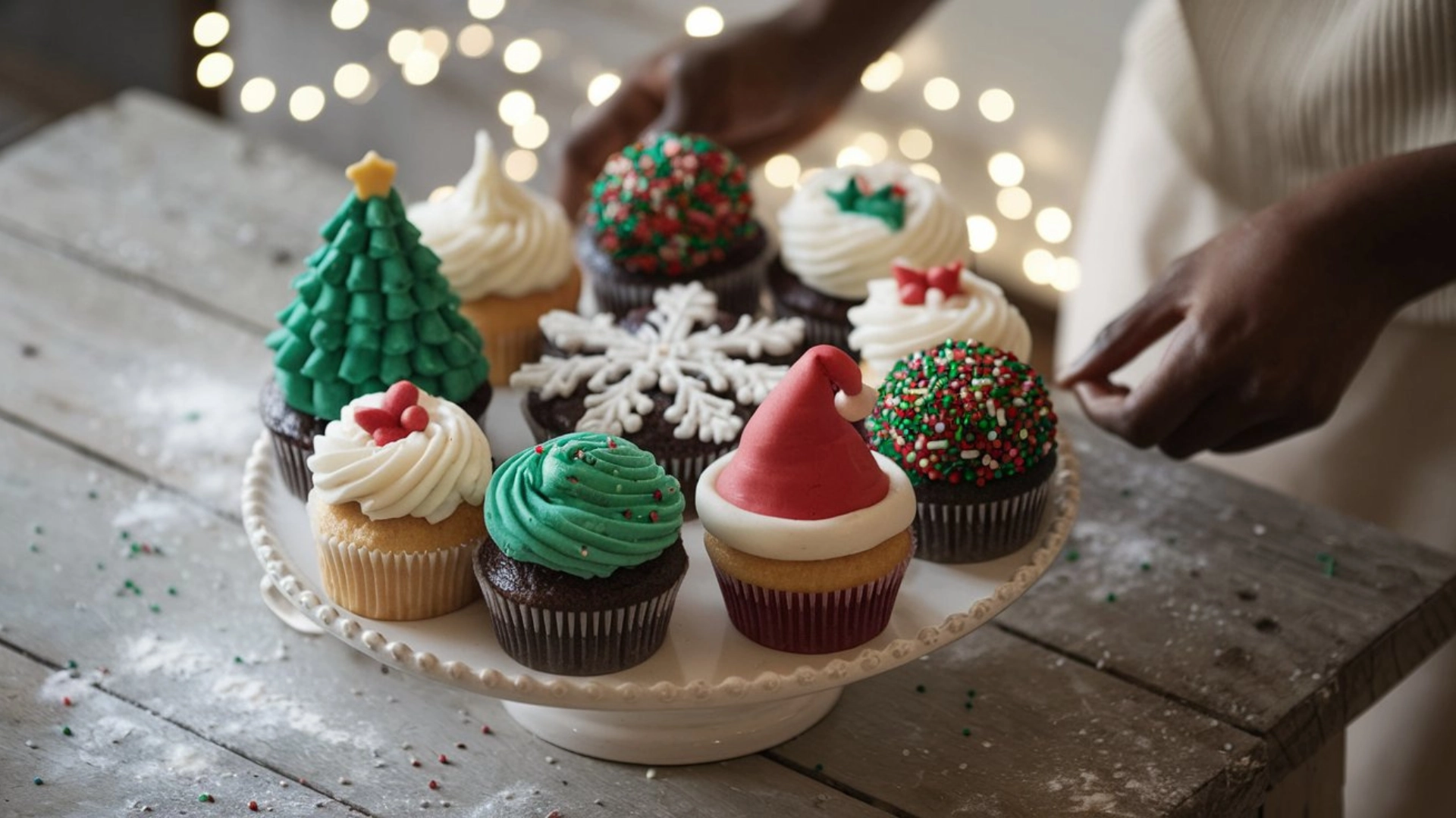 A platter of beautifully decorated Festive Christmas Cupcakes, including designs like a Santa hat and a Christmas tree, ready for a holiday party.