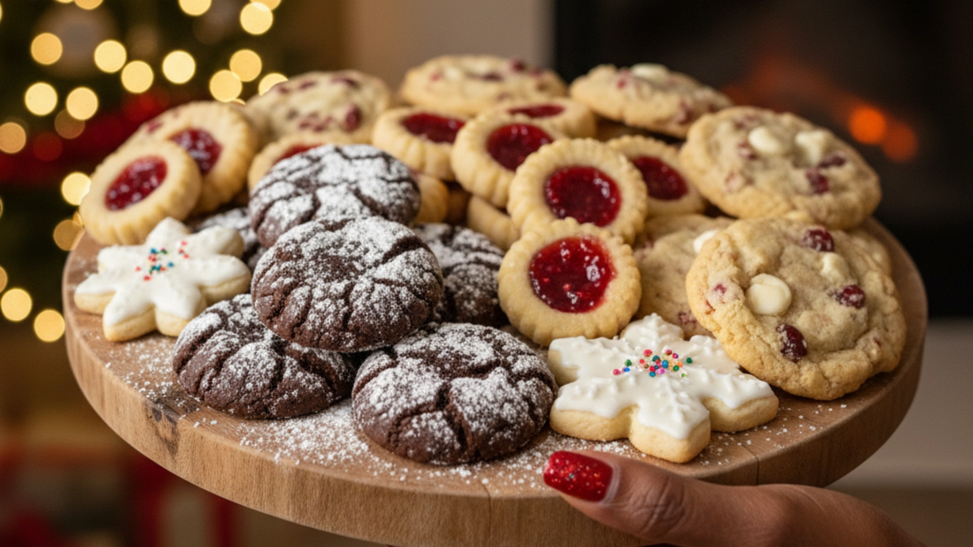 A woman holds a wooden board showcasing a variety of easy holiday cookie recipes, including chocolate crinkles and jam thumbprints.