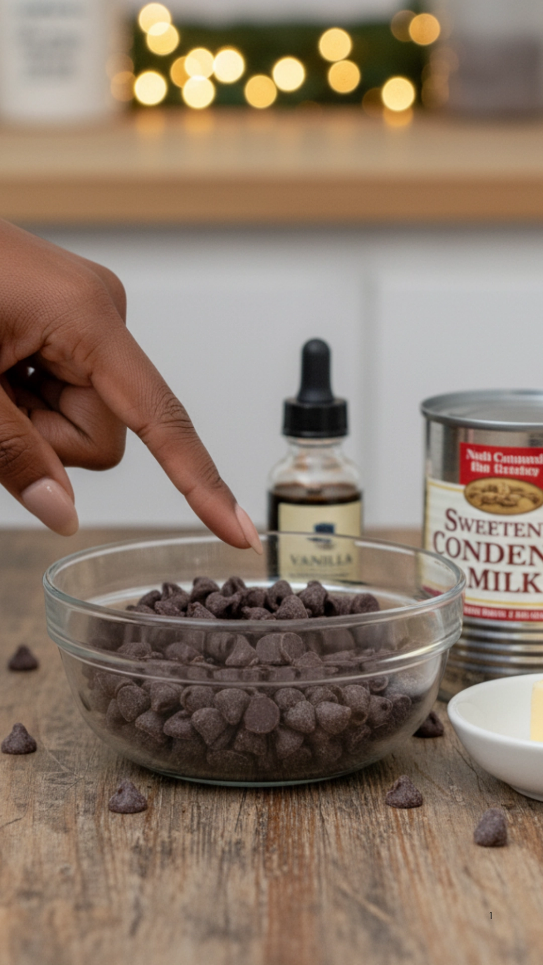 Ingredients for easy homemade fudge, including chocolate chips and condensed milk.