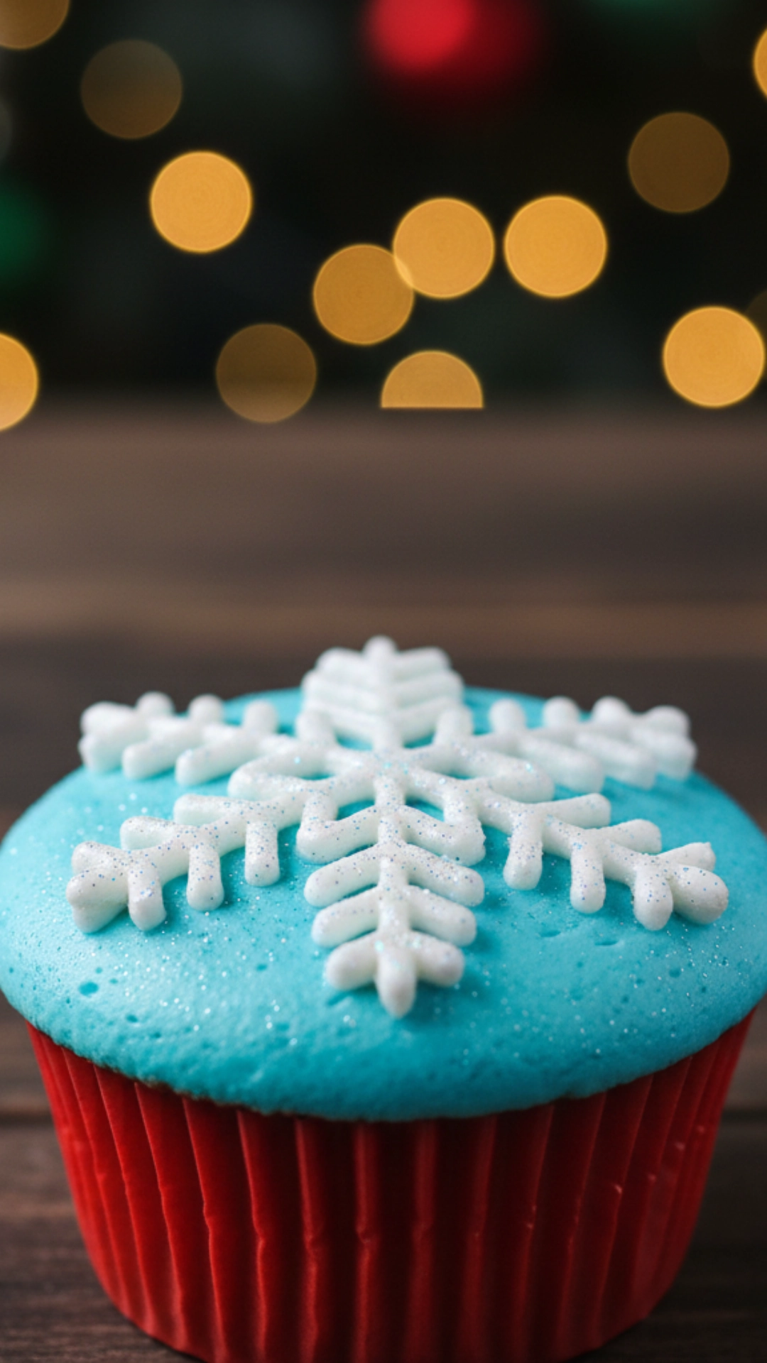 How to Make Christmas Cupcakes Like a Pro 9 An elegant and intricate snowflake piped in white frosting on a light blue cupcake.
