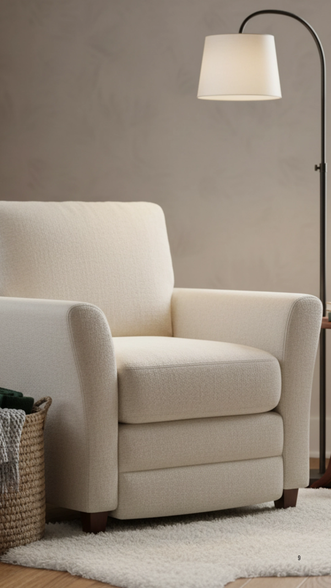 An inviting empty reading nook with an upholstered armchair, a floor lamp, side table, and basket of blankets.