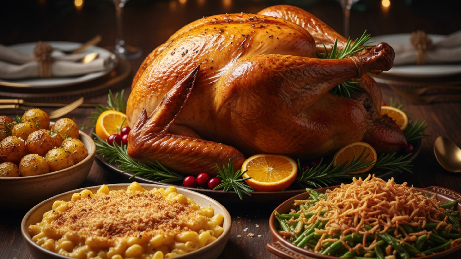 Sides for Thanksgiving featuring a golden turkey, roasted potatoes, creamy mac and cheese, and green bean casserole on a beautifully lit holiday table.